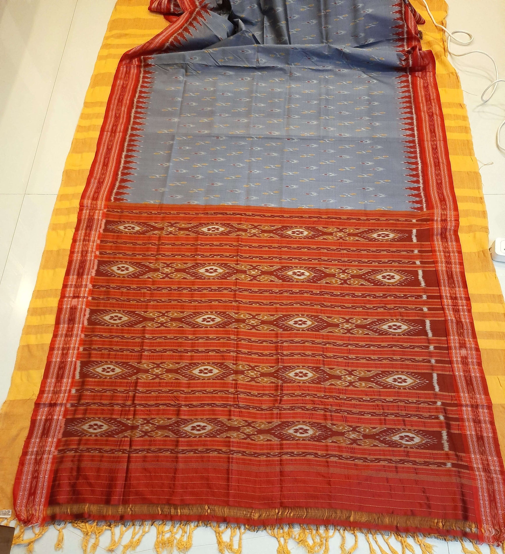 Grey Odisha Khandua Pata Silk Saree with cotton ikat blouse piece