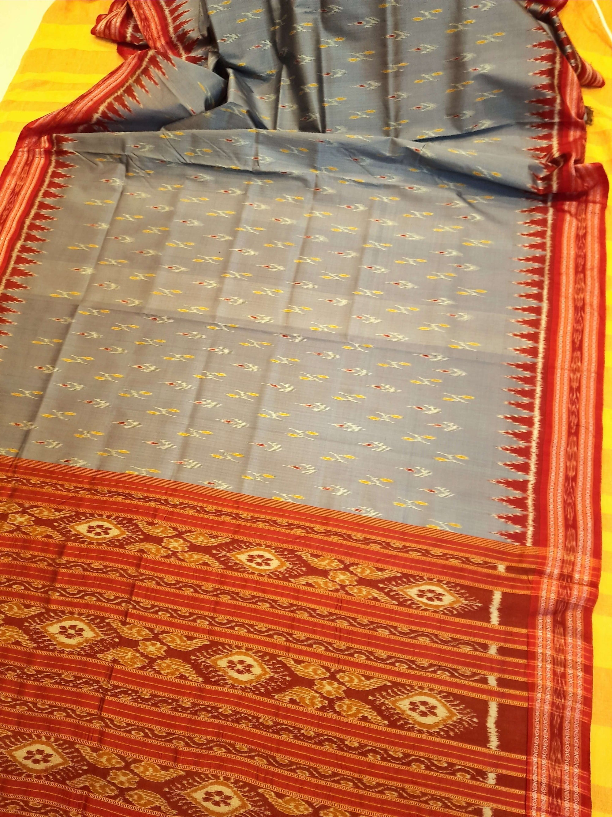 Grey Odisha Khandua Pata Silk Saree with cotton ikat blouse piece