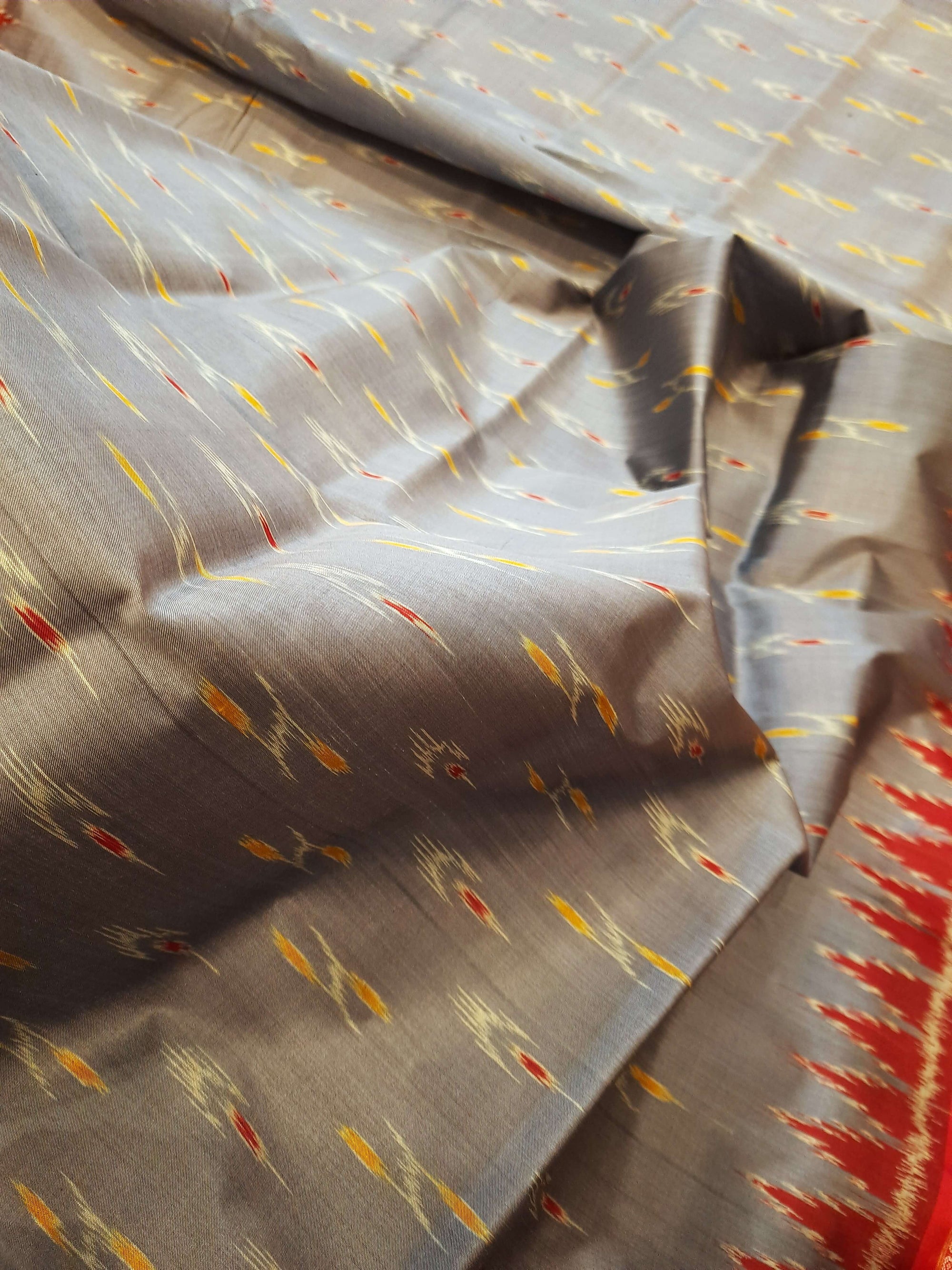 Grey Odisha Khandua Pata Silk Saree with cotton ikat blouse piece