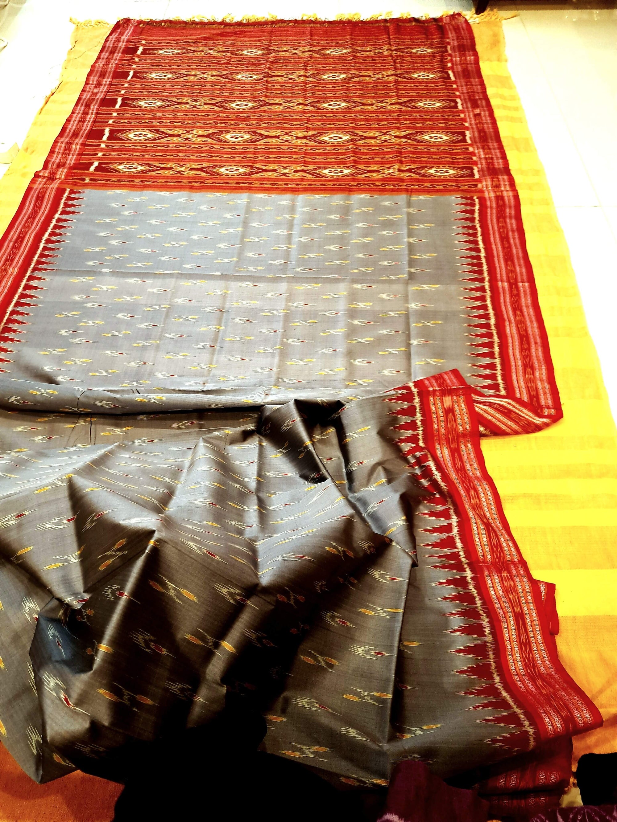 Grey Odisha Khandua Pata Silk Saree with cotton ikat blouse piece