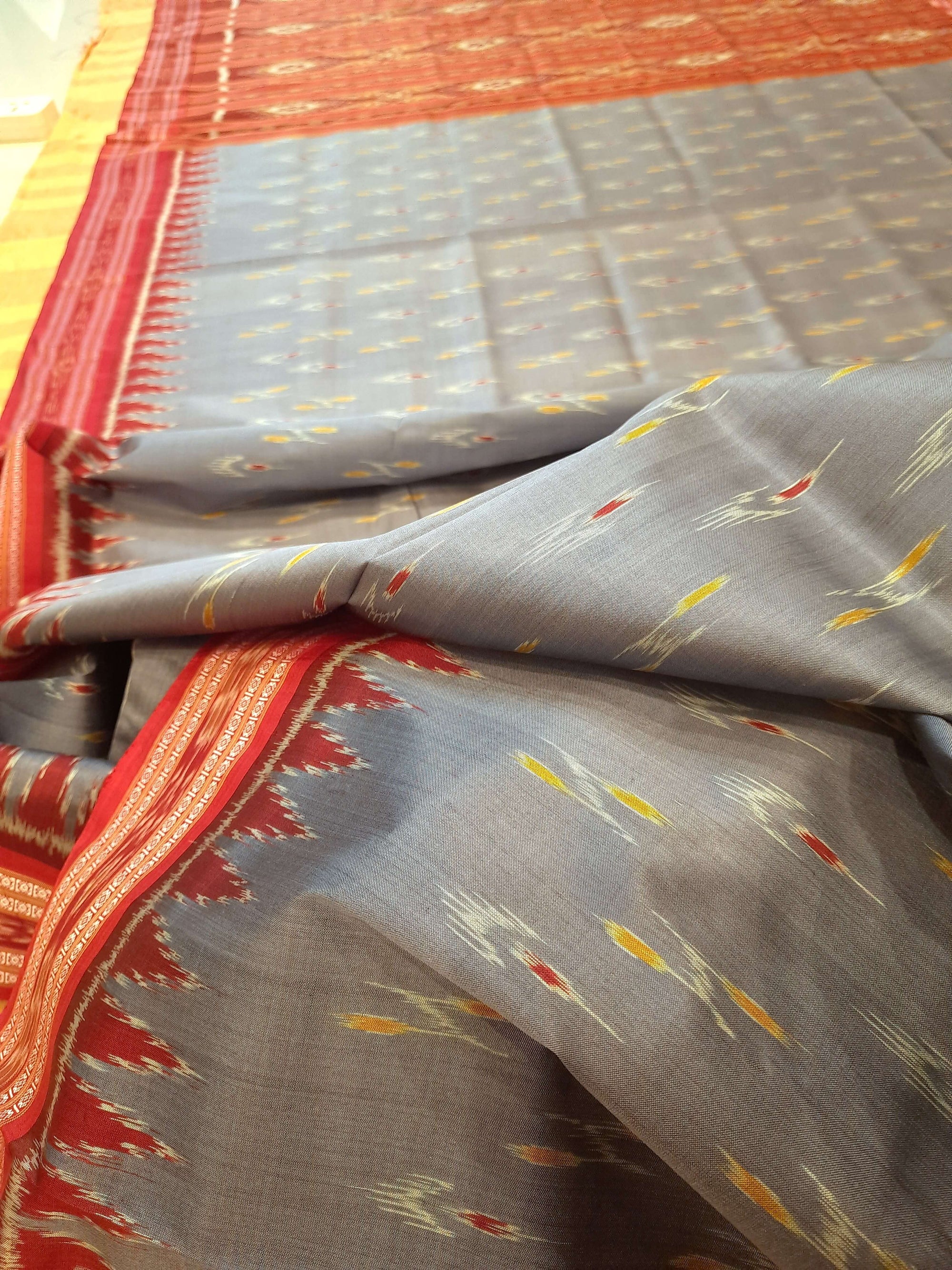 Grey Odisha Khandua Pata Silk Saree with cotton ikat blouse piece