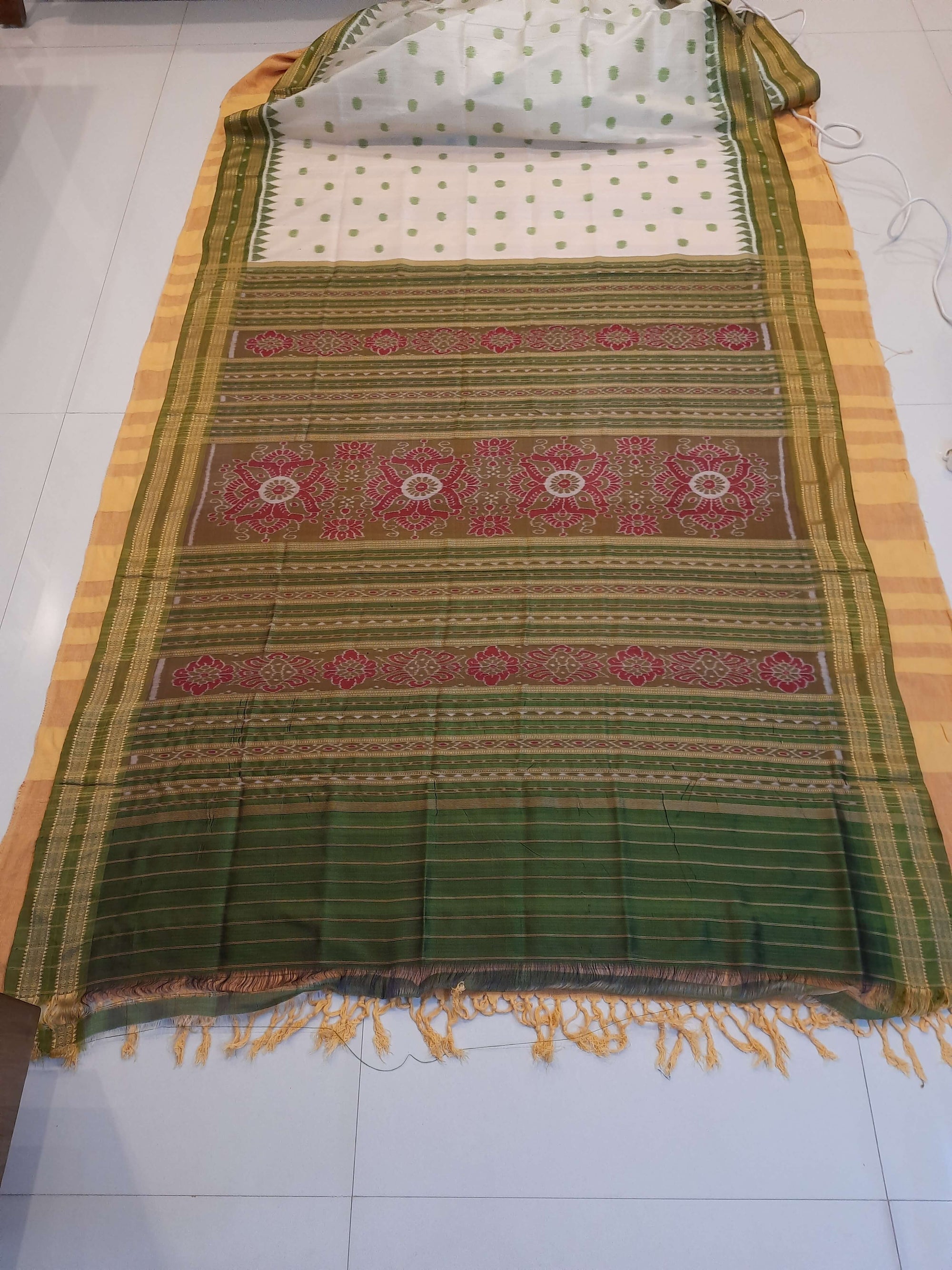 White Green Polka dots Odisha Khandua Pata Silk Saree with cotton ikat blouse piece