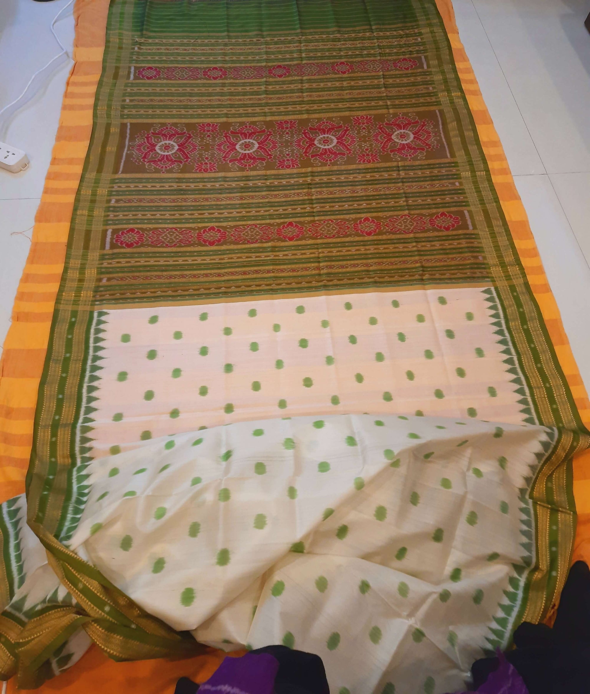 White Green Polka dots Odisha Khandua Pata Silk Saree with cotton ikat blouse piece