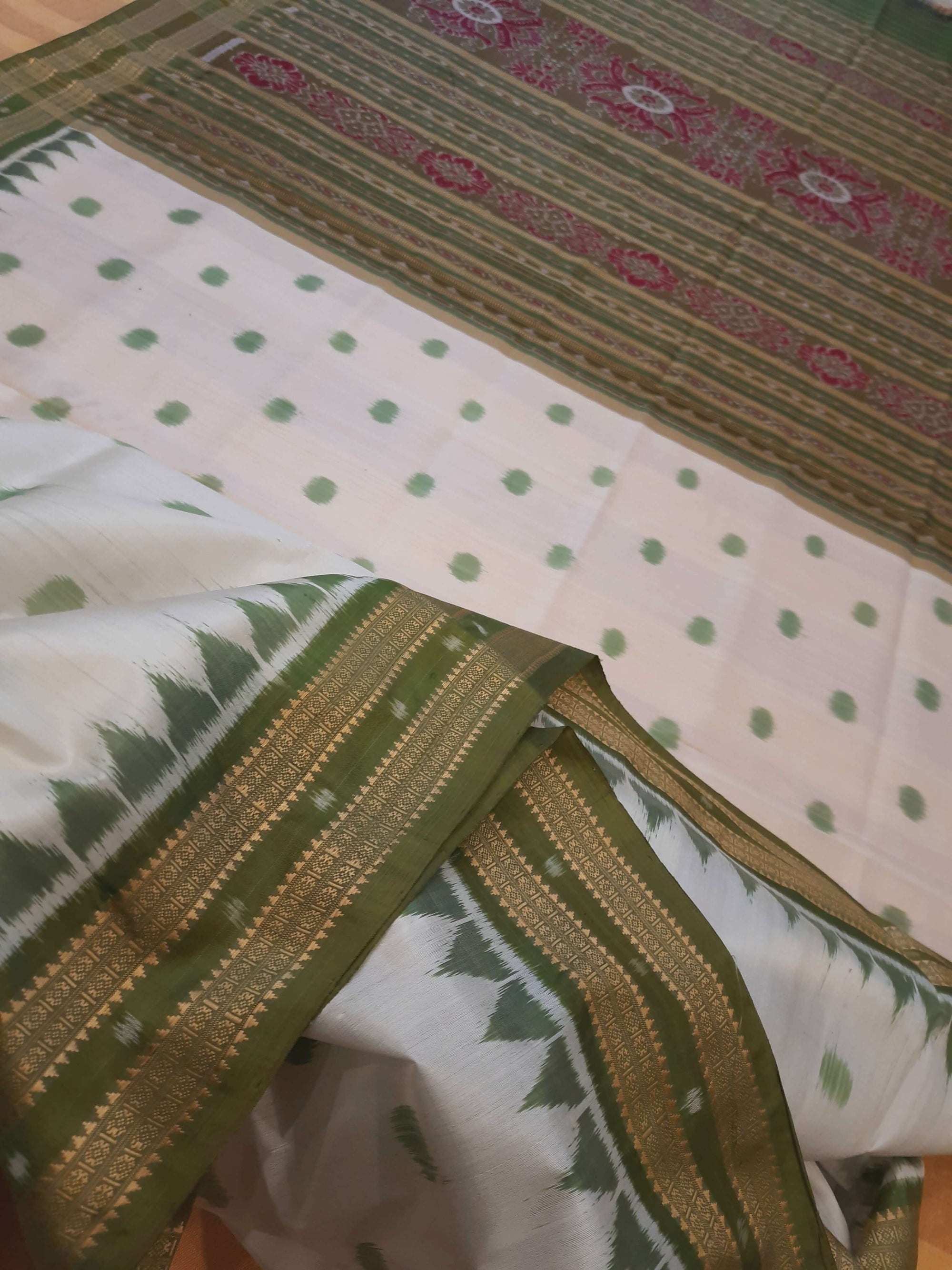 White Green Polka dots Odisha Khandua Pata Silk Saree with cotton ikat blouse piece