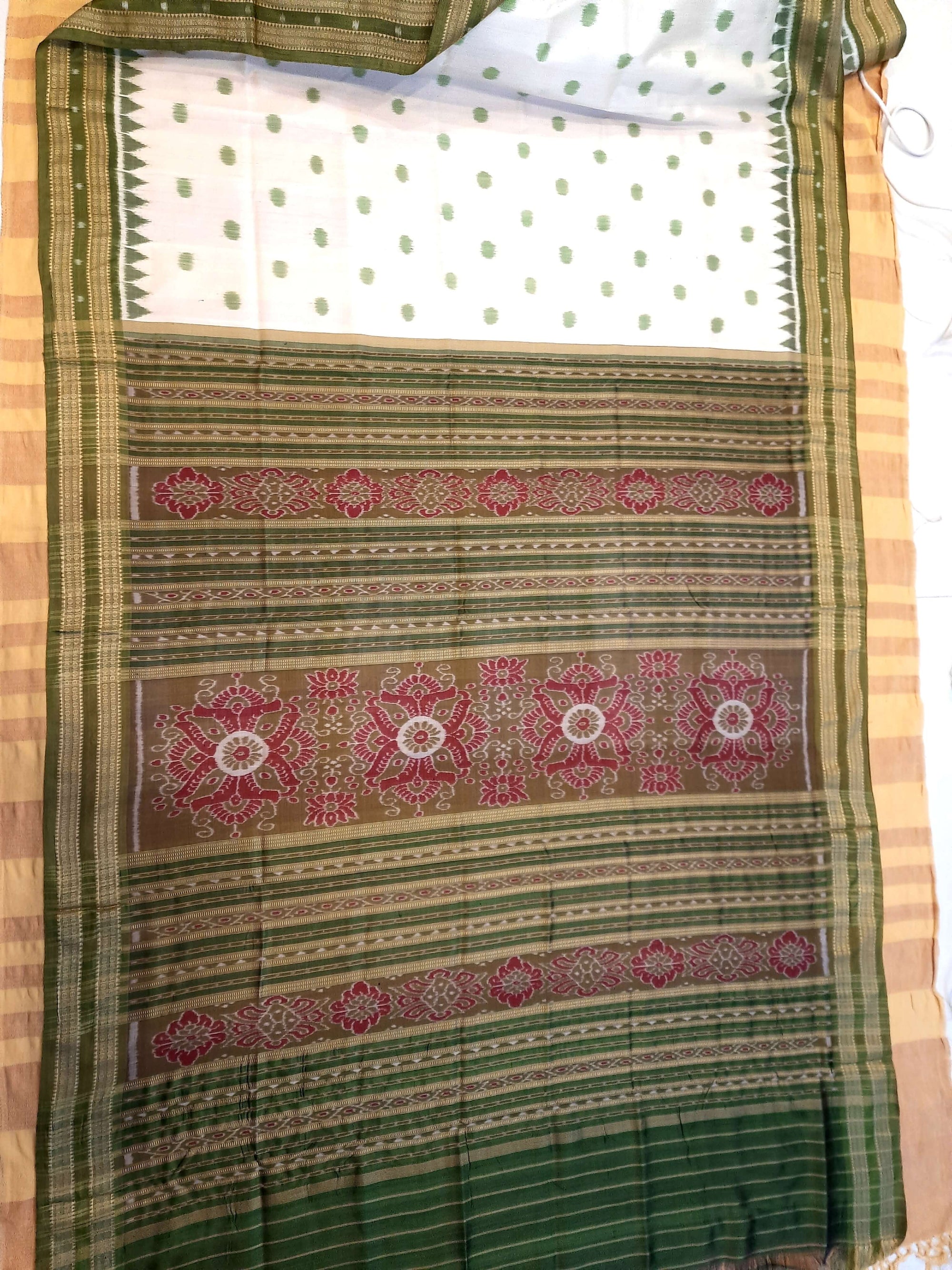 White Green Polka dots Odisha Khandua Pata Silk Saree with cotton ikat blouse piece