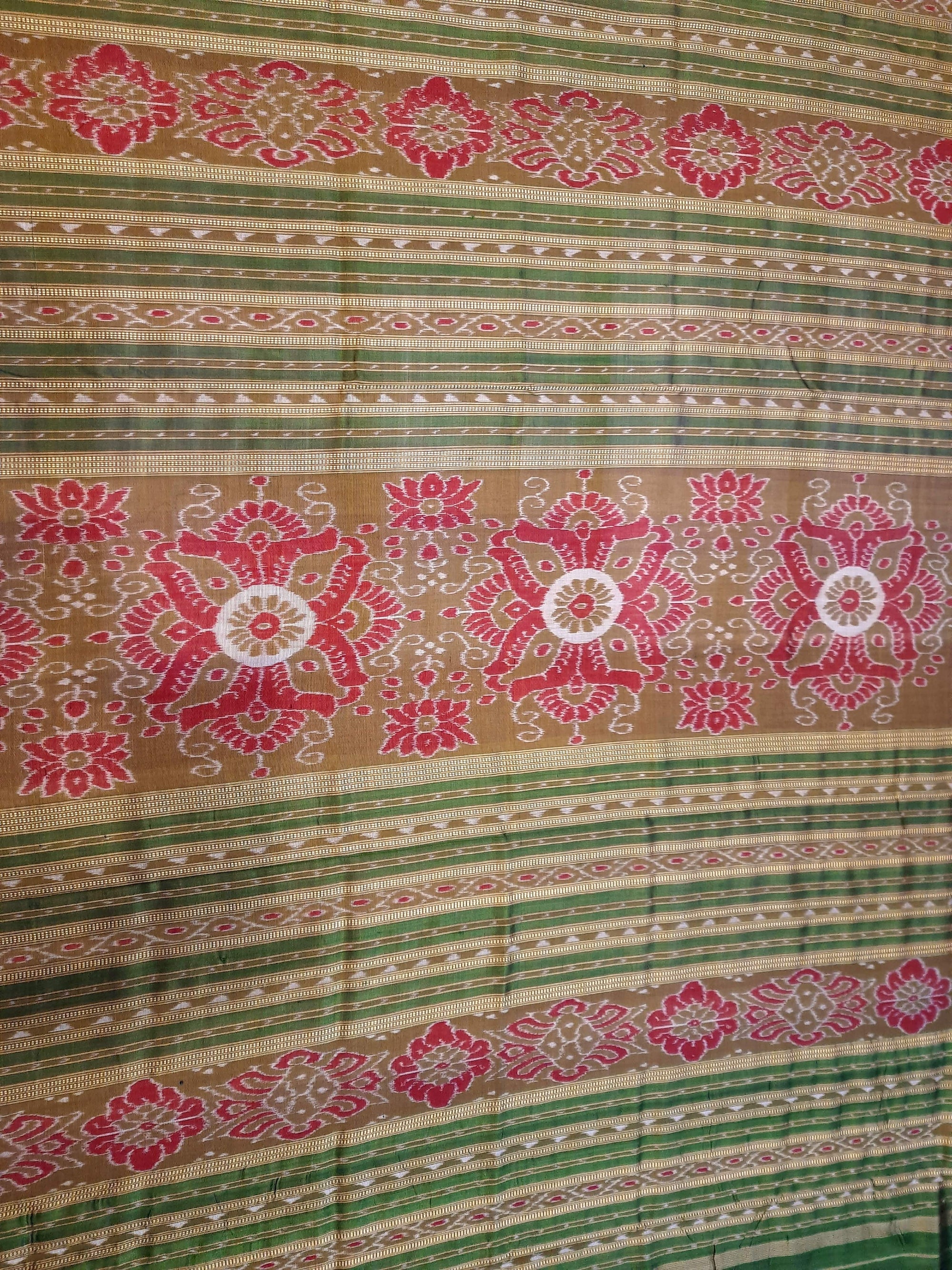 White Green Polka dots Odisha Khandua Pata Silk Saree with cotton ikat blouse piece