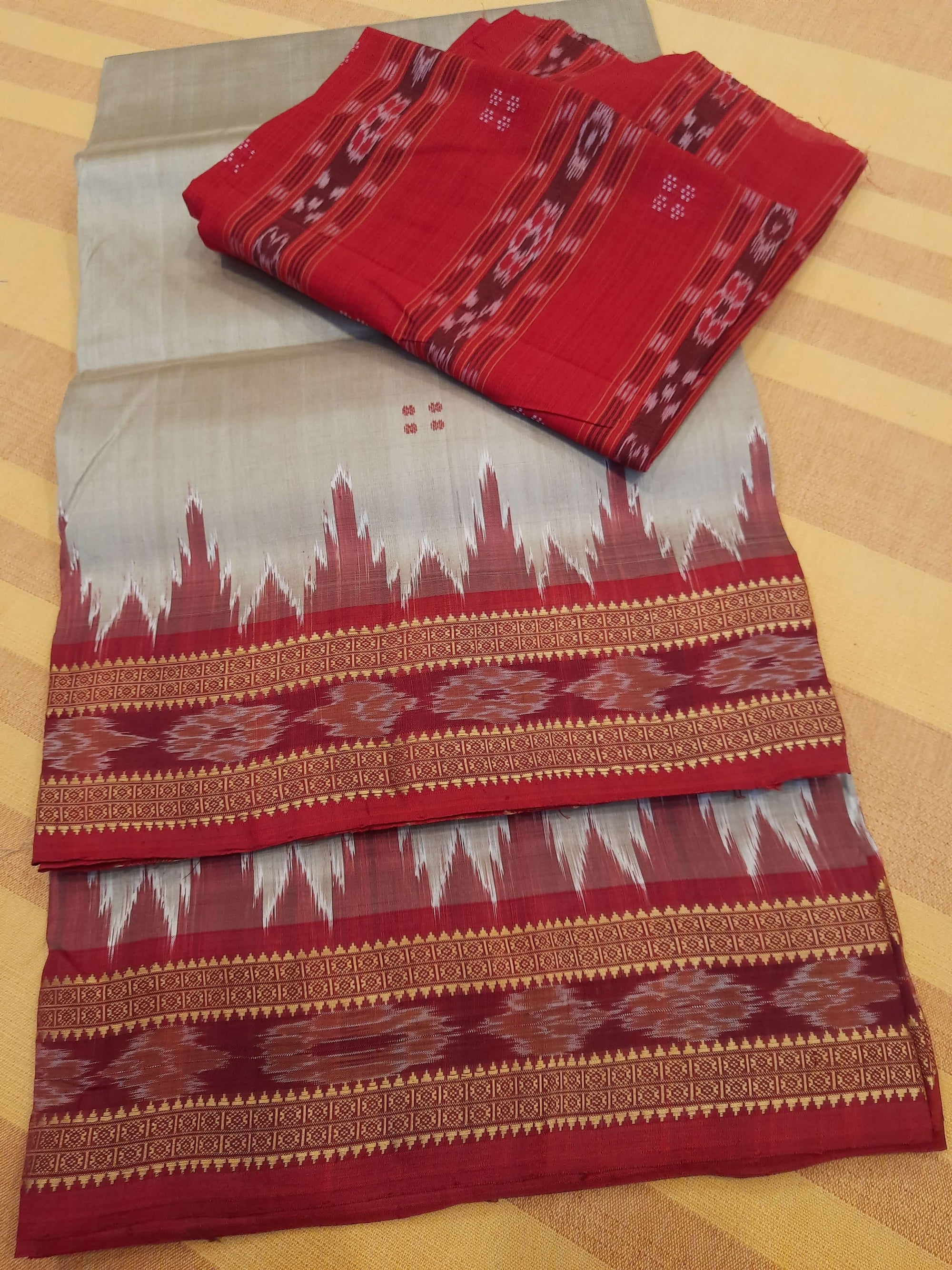 Beige Odisha Khandua Pata Silk Saree with cotton ikat blouse piece