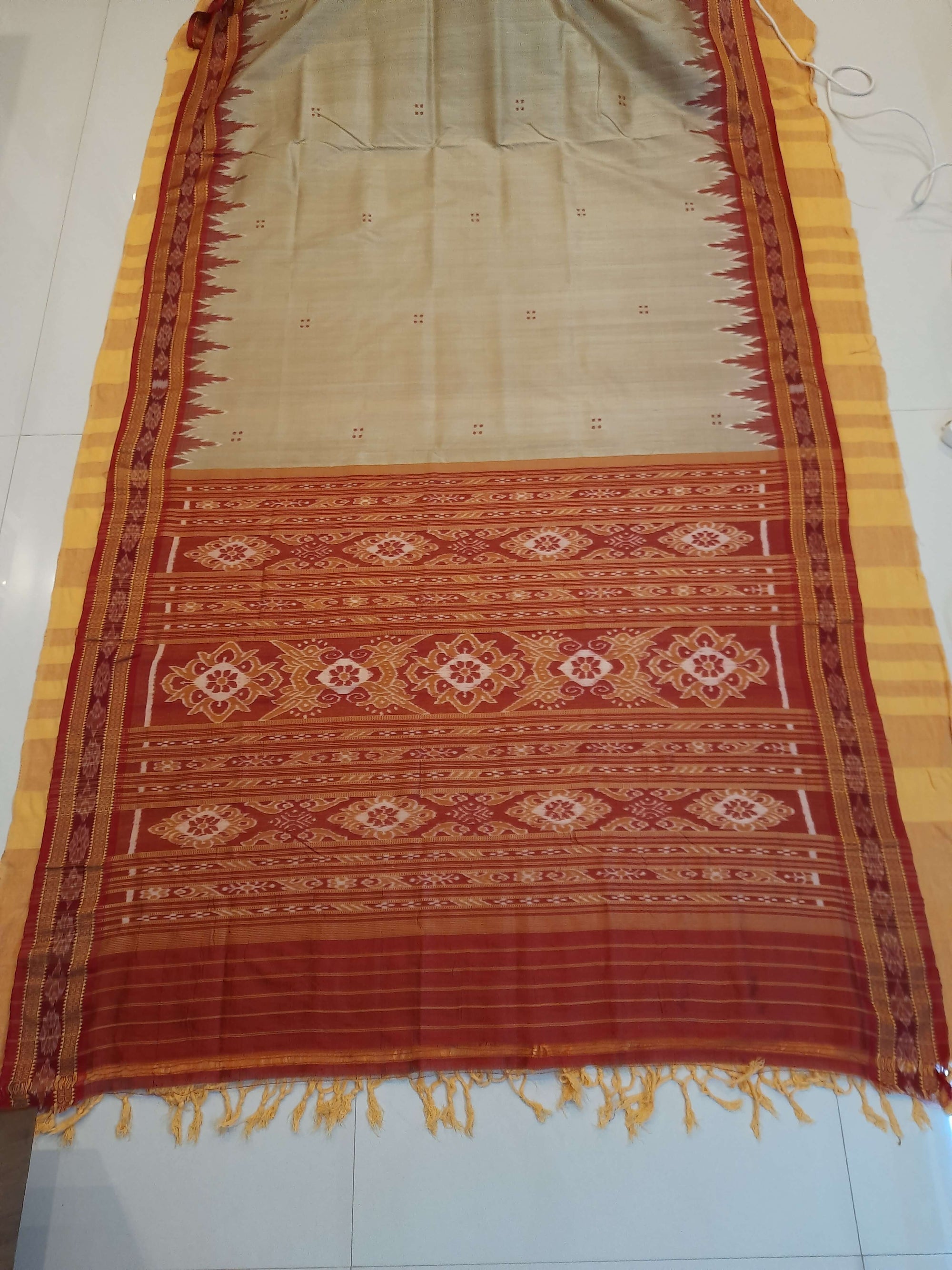 Beige Odisha Khandua Pata Silk Saree with cotton ikat blouse piece