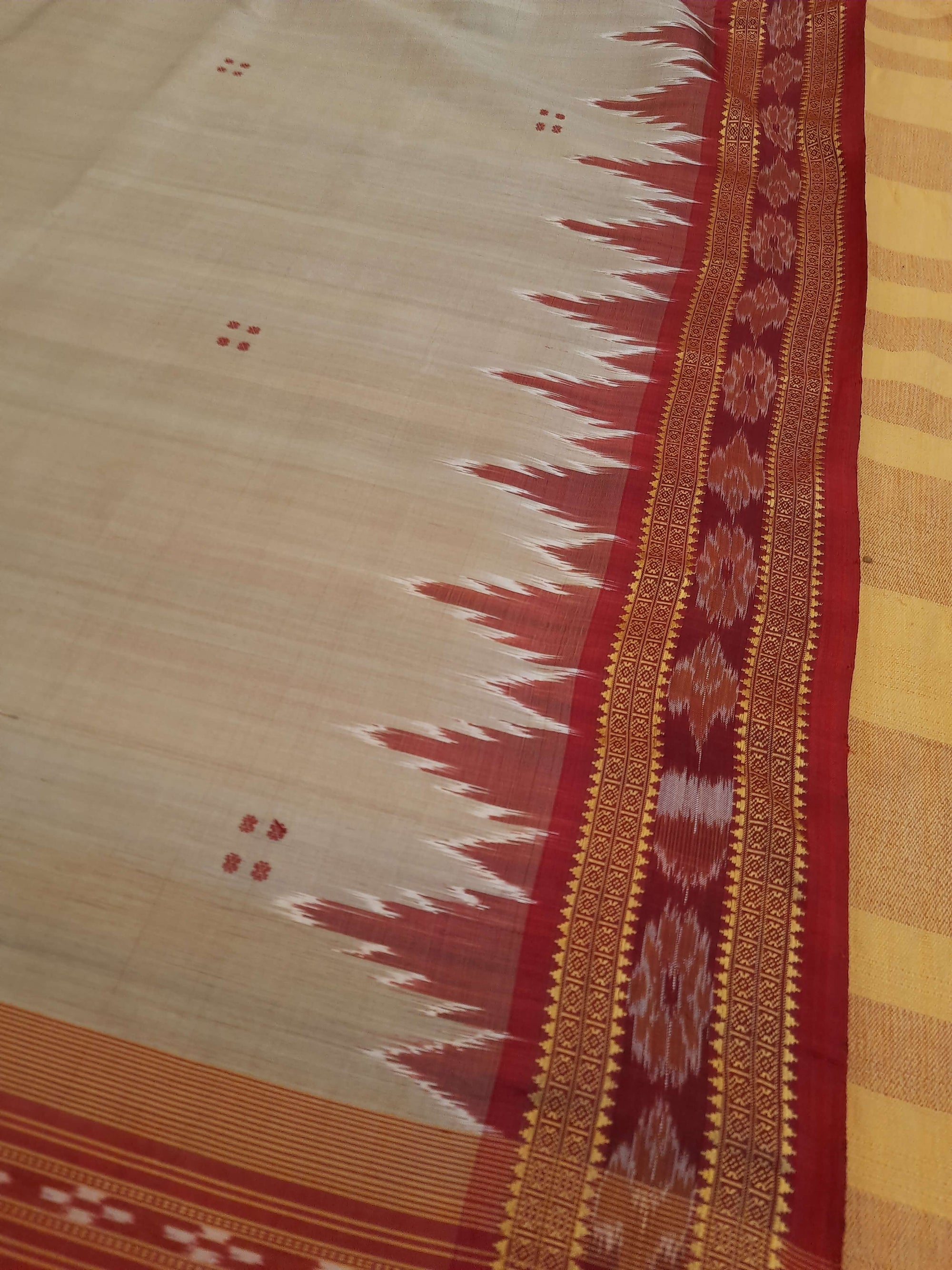 Beige Odisha Khandua Pata Silk Saree with cotton ikat blouse piece