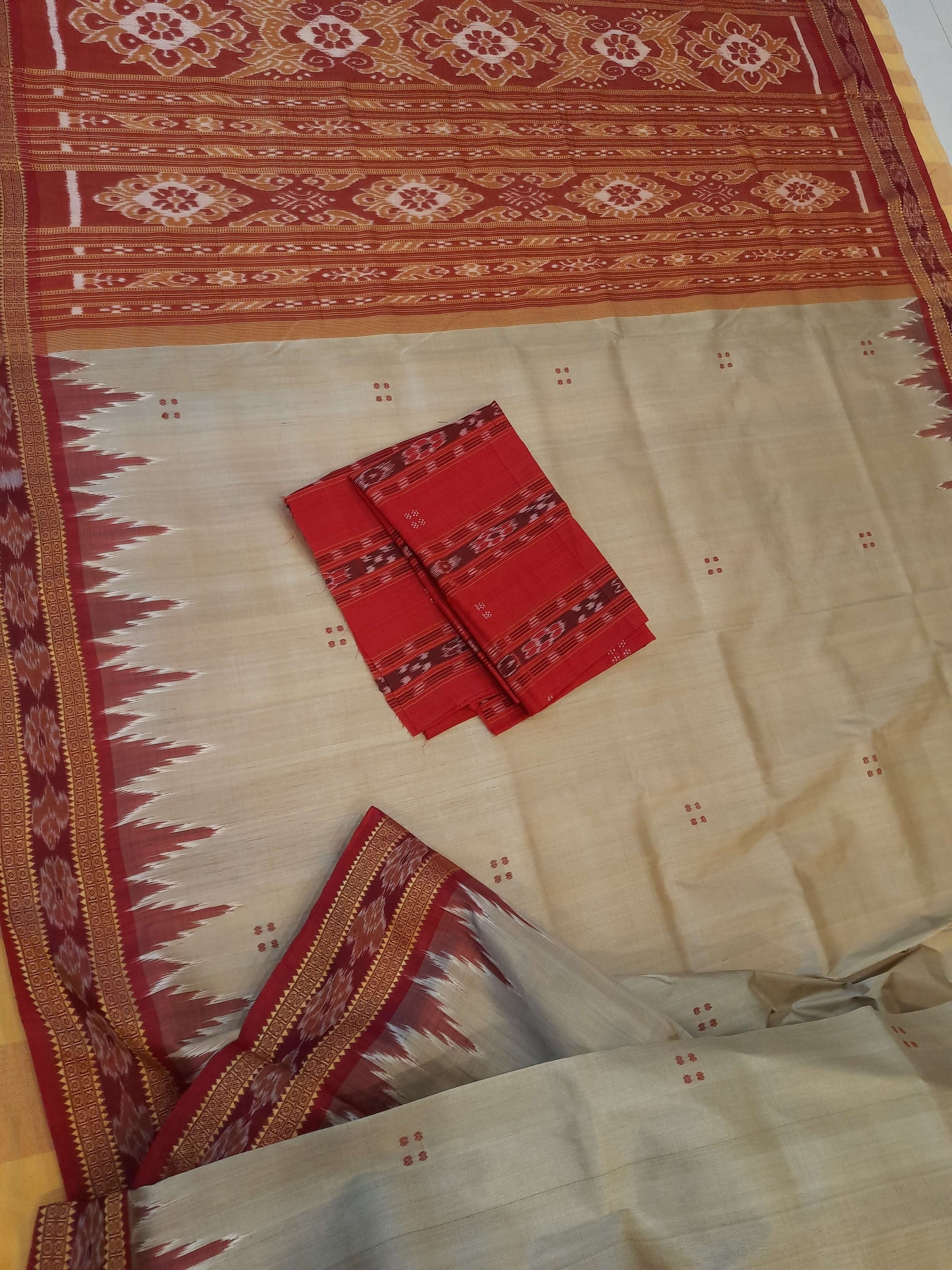 Beige Odisha Khandua Pata Silk Saree with cotton ikat blouse piece