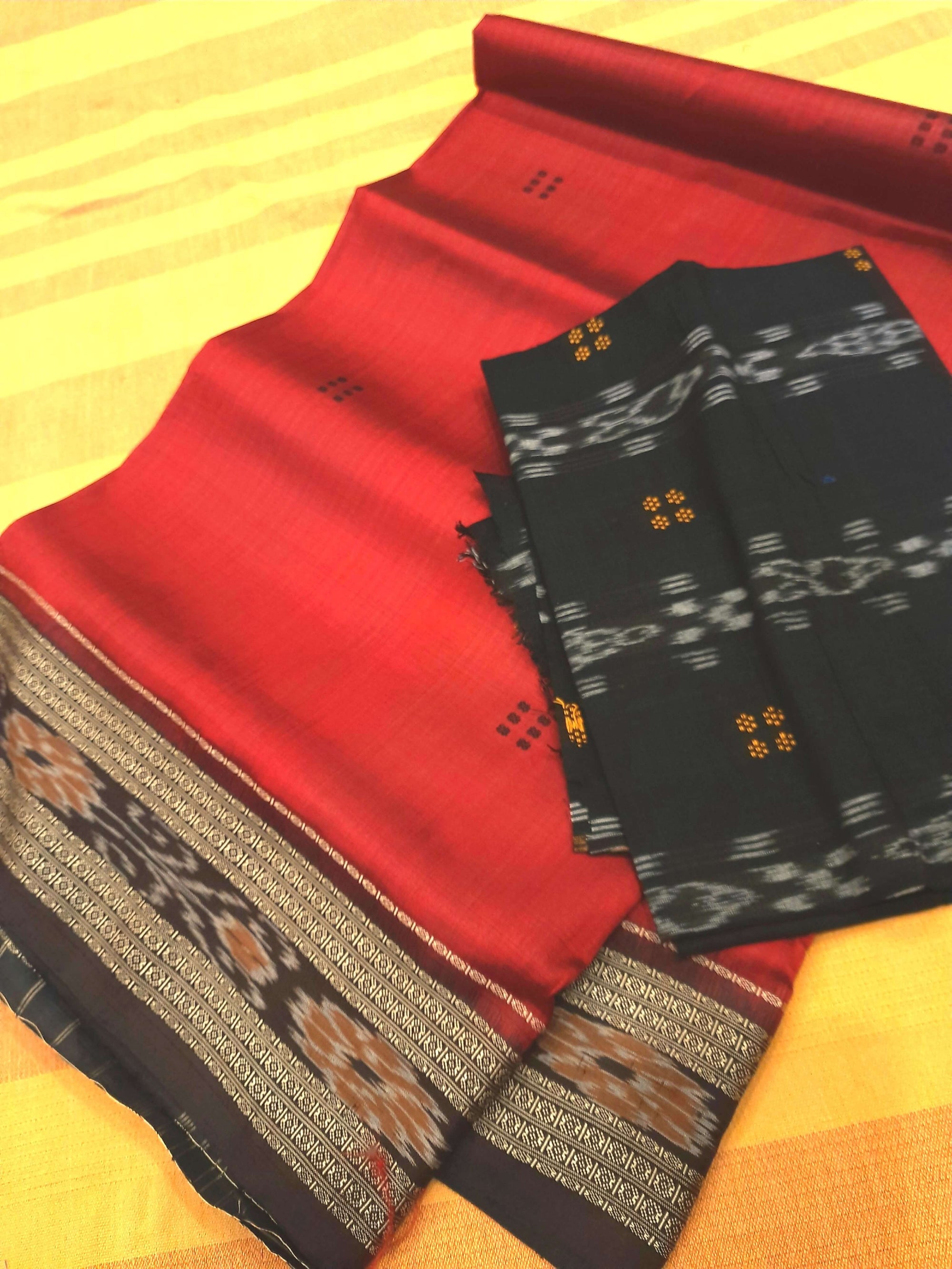 Red Odisha Khandua Pata Silk Saree with cotton ikat blouse piece