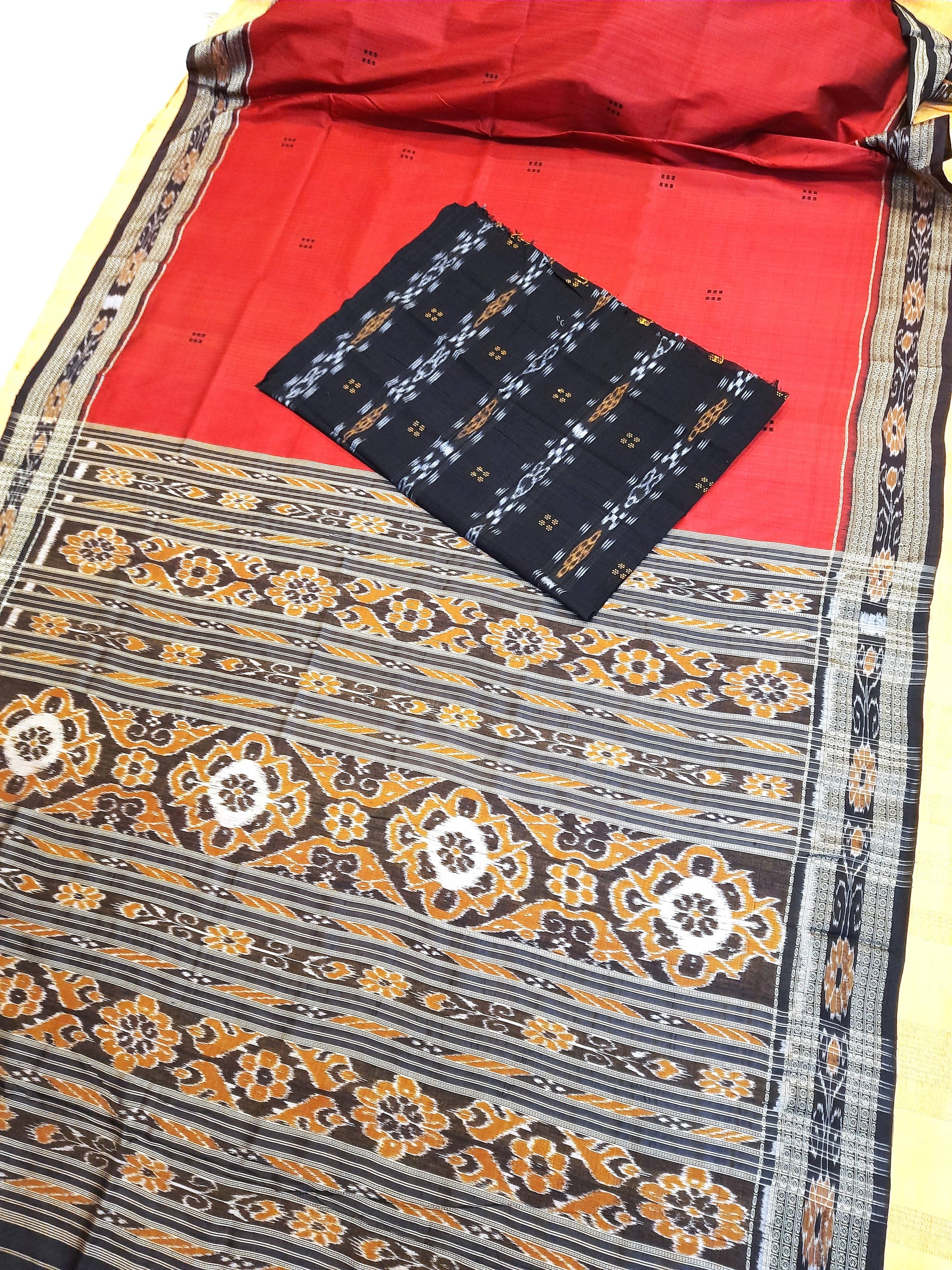 Red Odisha Khandua Pata Silk Saree with cotton ikat blouse piece