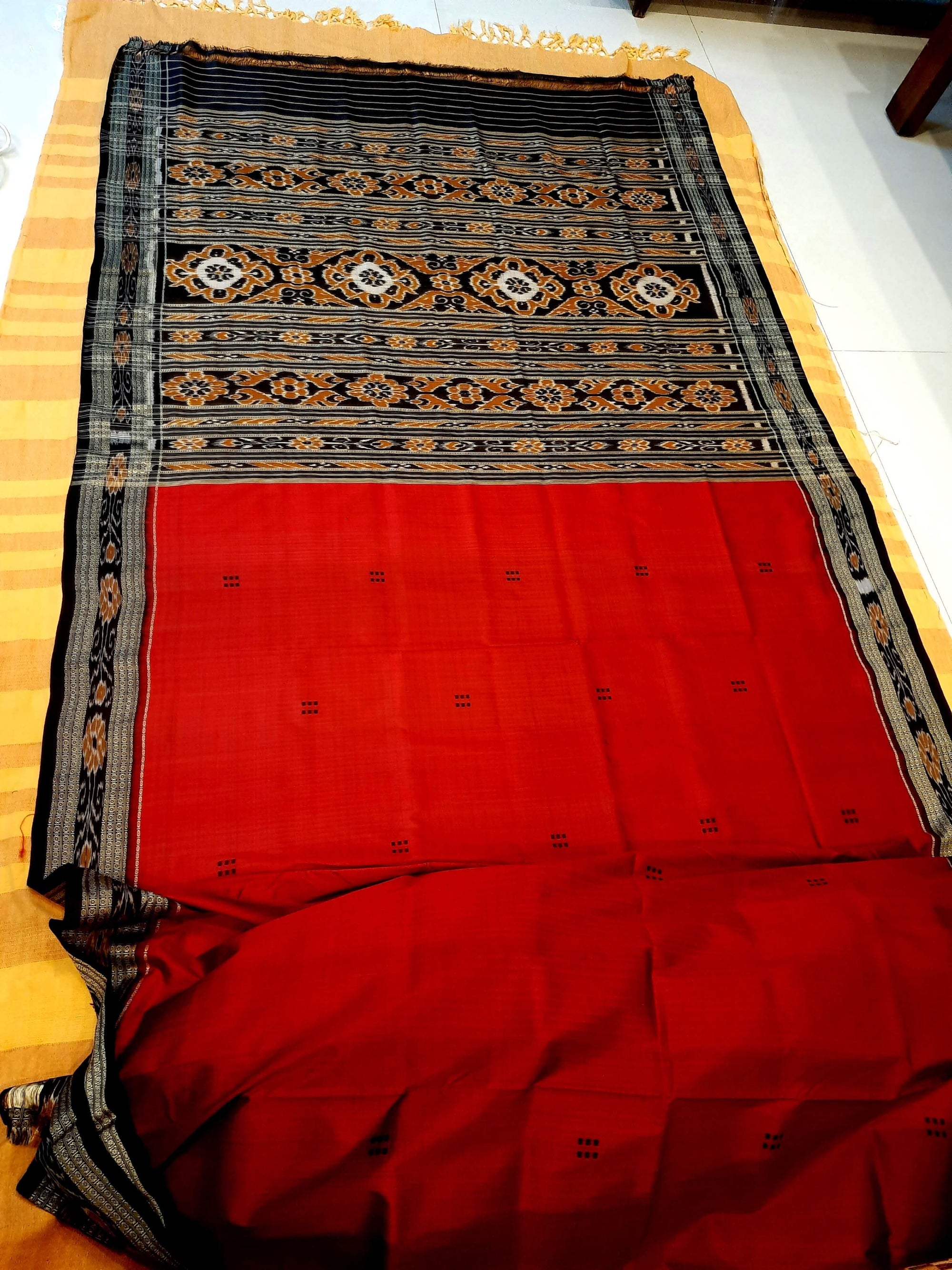 Red Odisha Khandua Pata Silk Saree with cotton ikat blouse piece