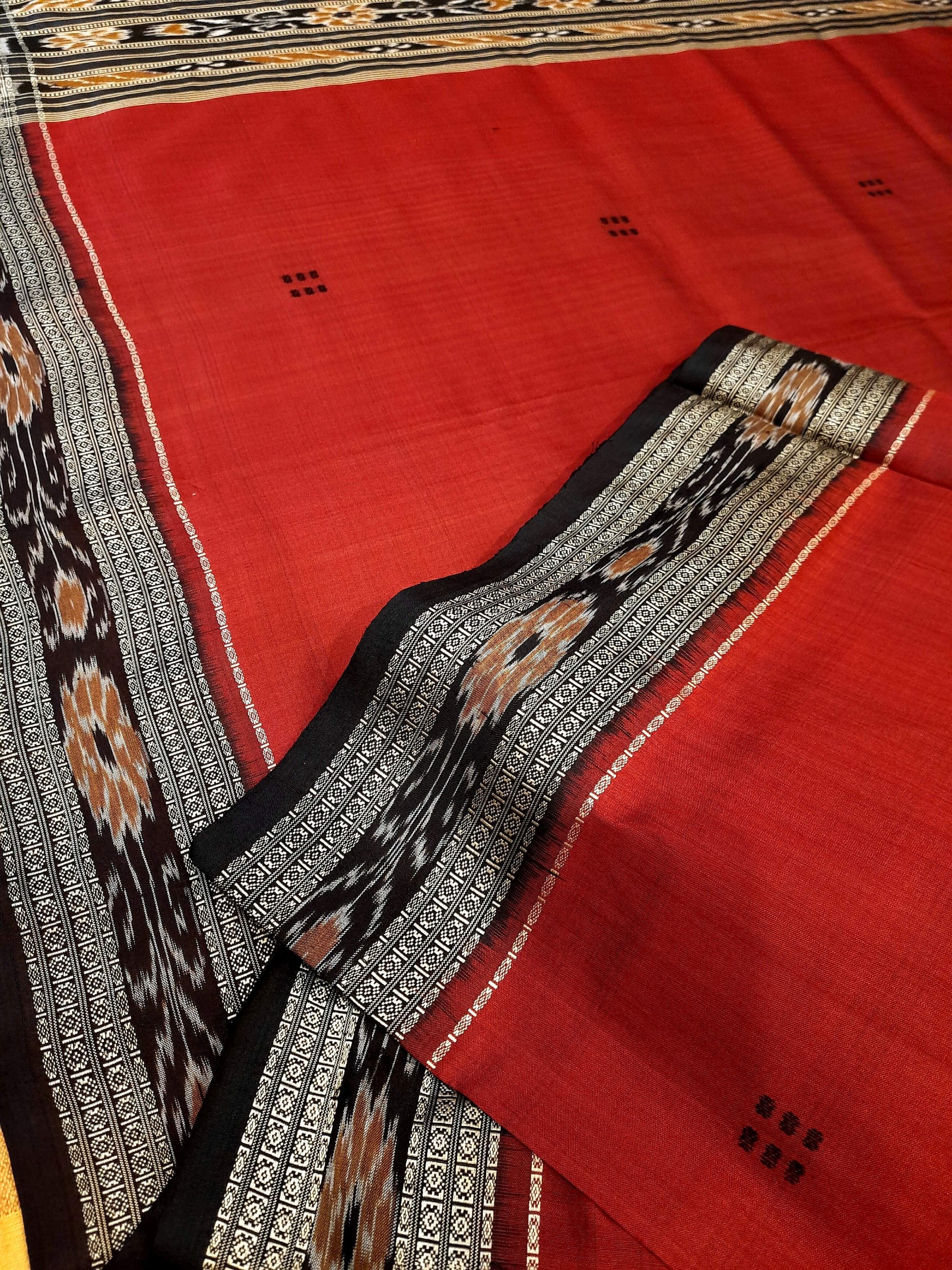 Red Odisha Khandua Pata Silk Saree with cotton ikat blouse piece