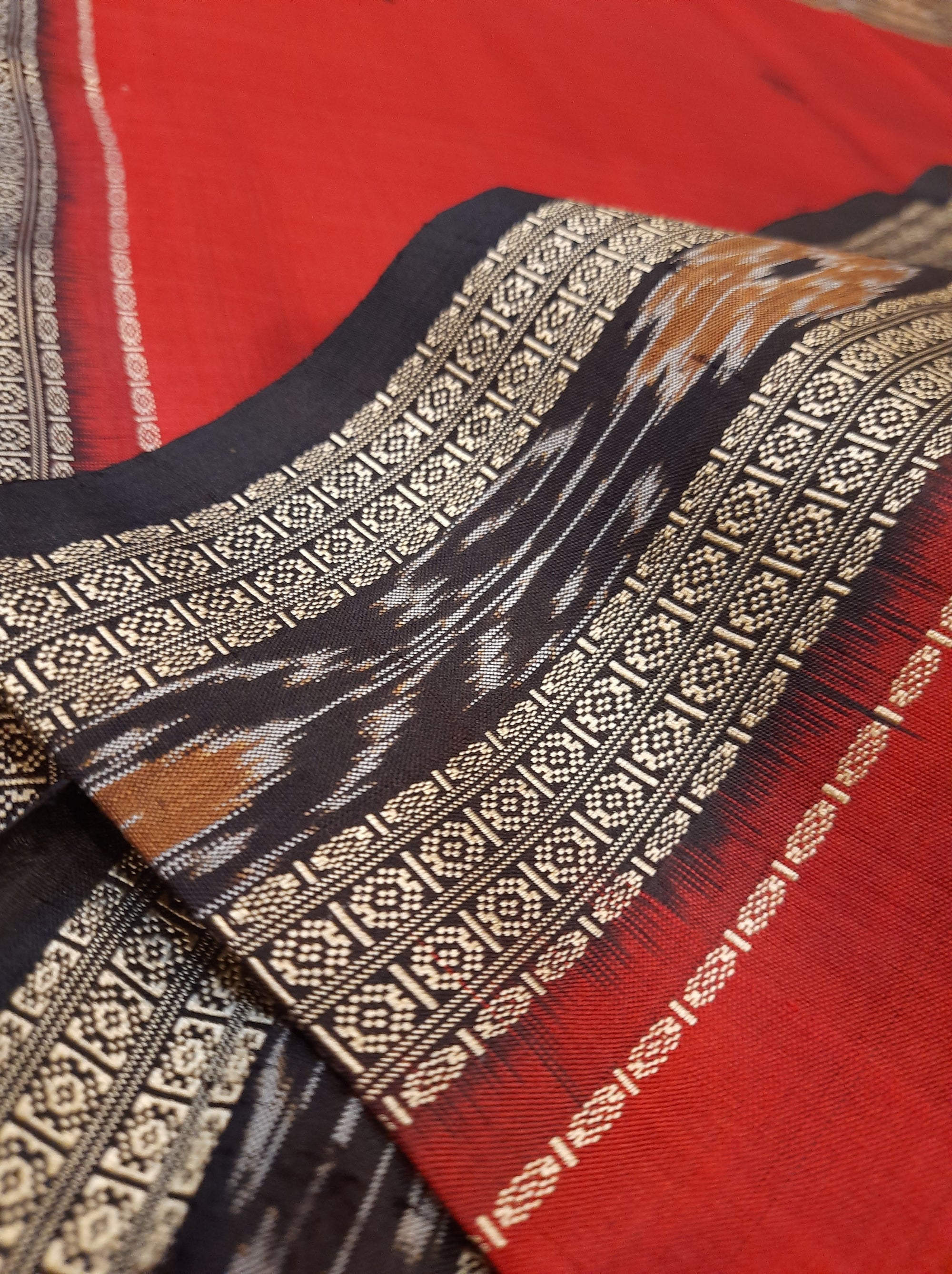 Red Odisha Khandua Pata Silk Saree with cotton ikat blouse piece