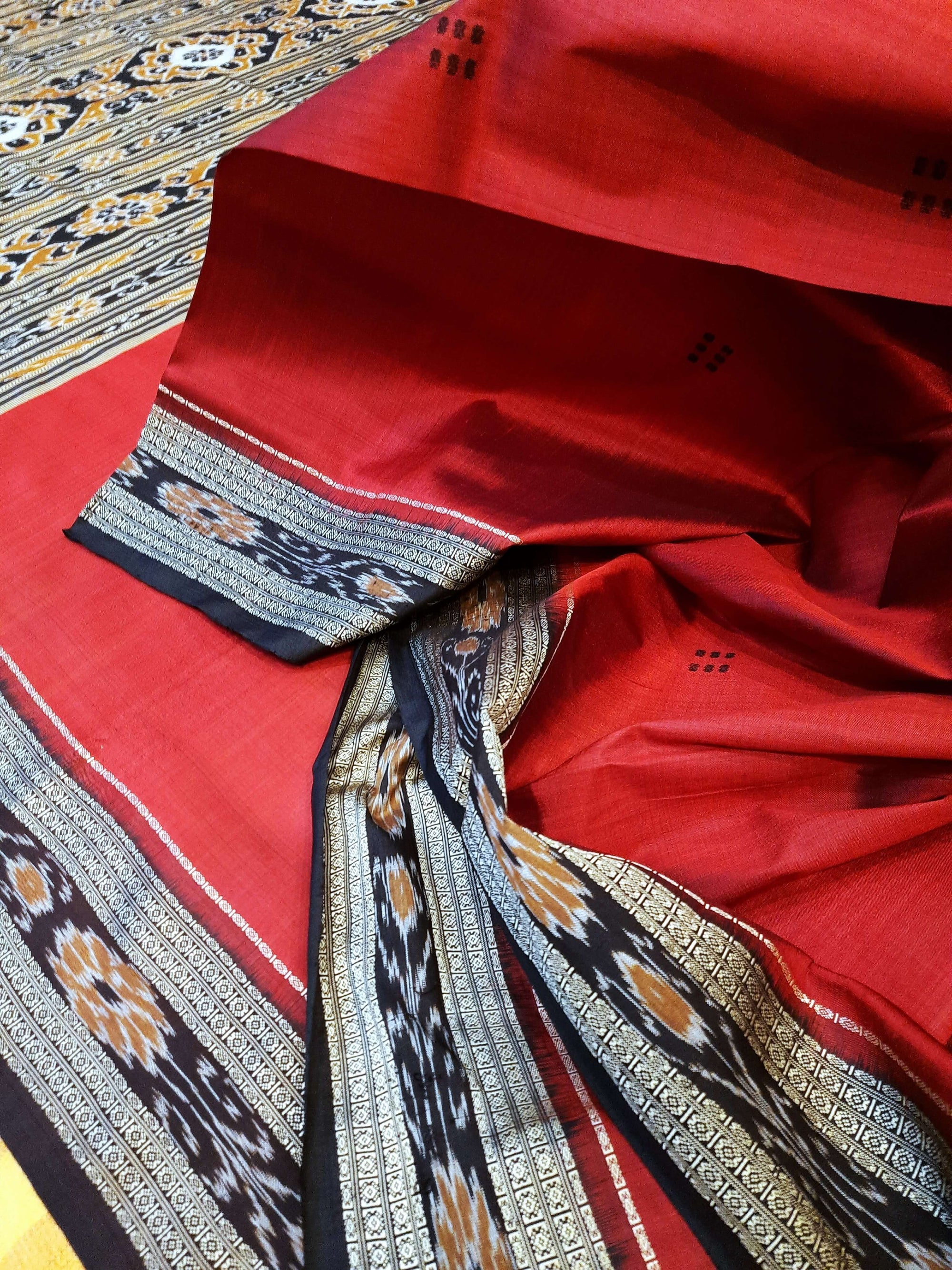 Red Odisha Khandua Pata Silk Saree with cotton ikat blouse piece