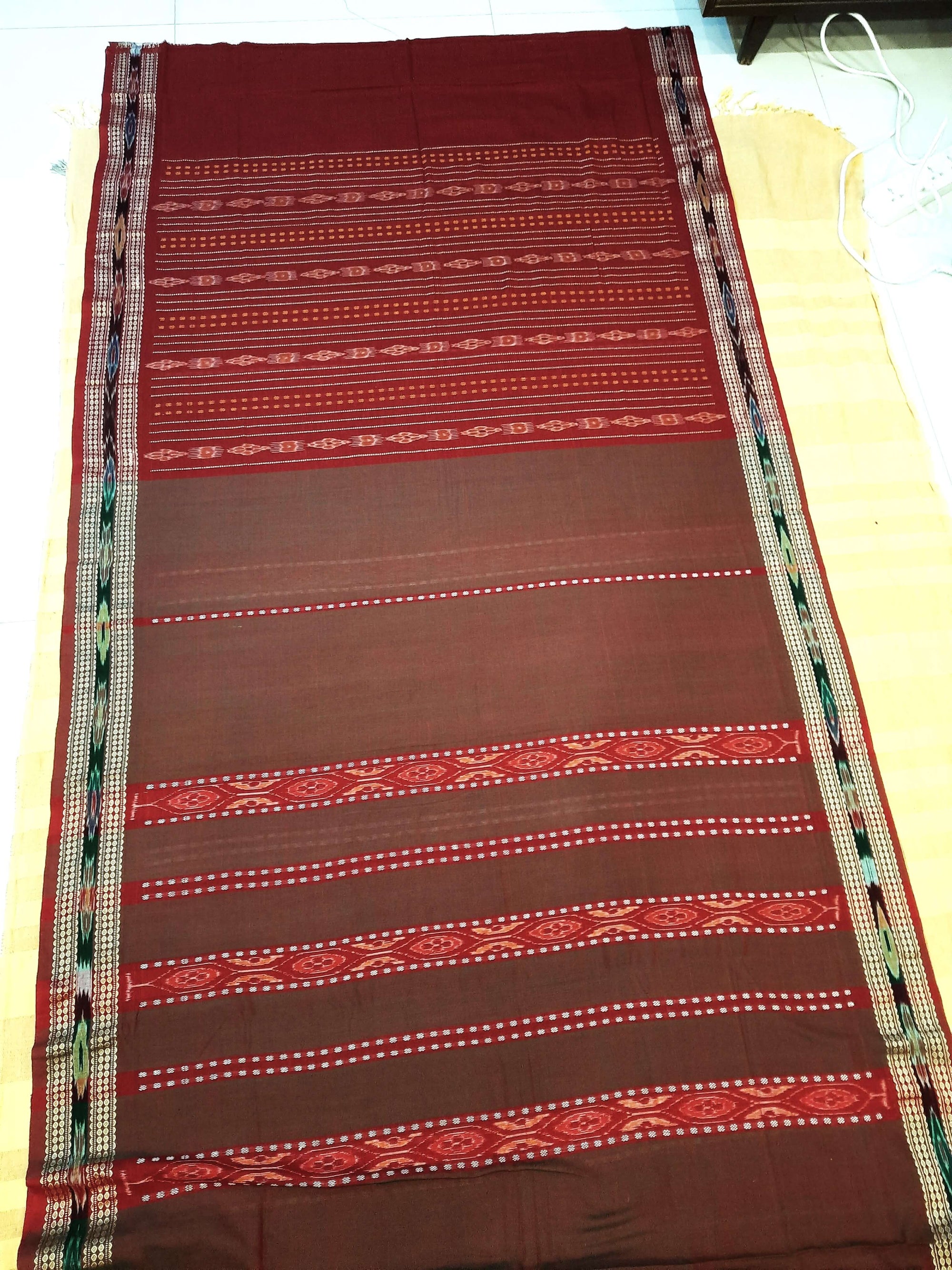 Brown dual shade Sambalpuri Saree with matching cotton Ikat blouse piece