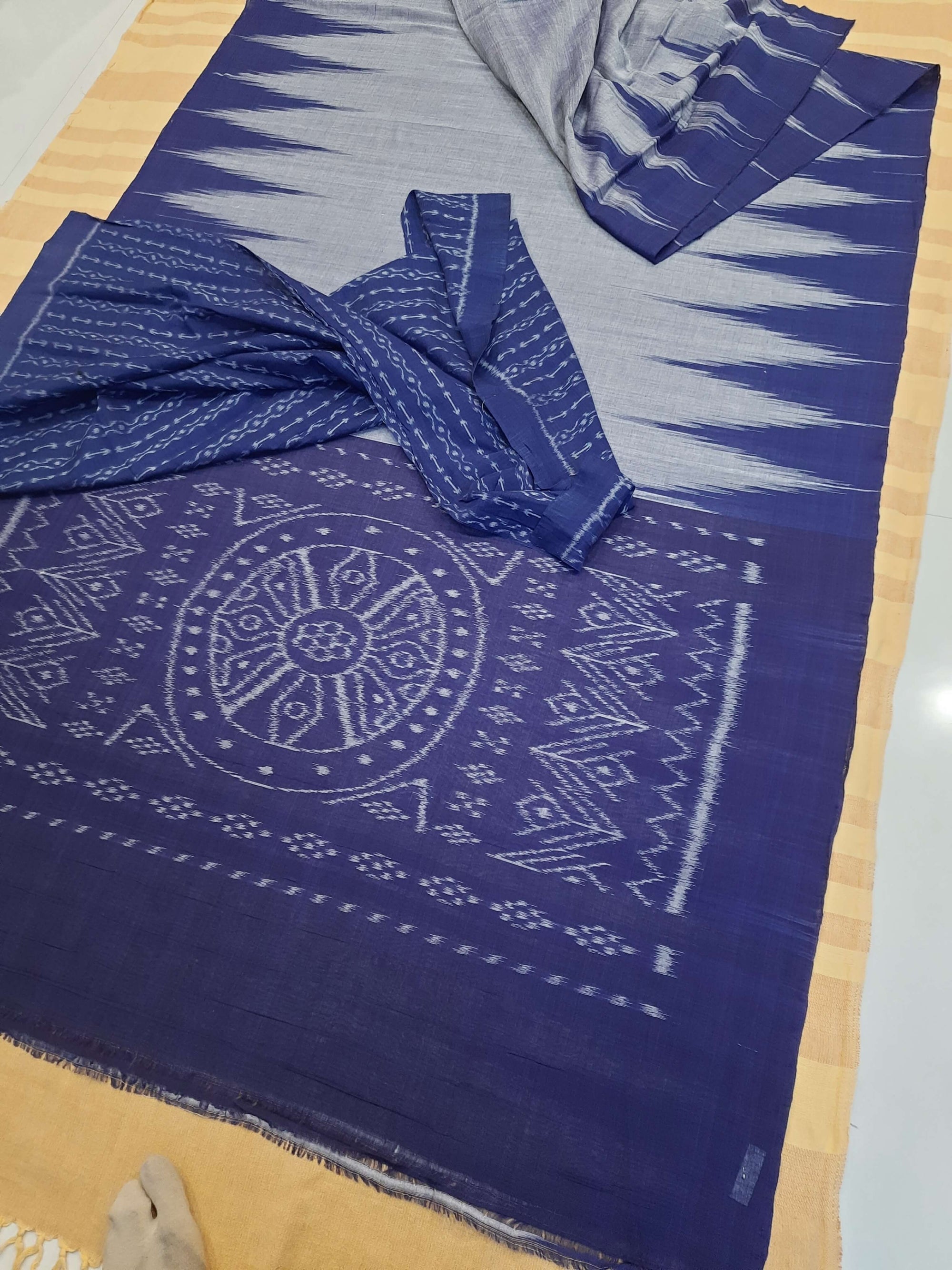 Blue Cotton Odisha Ikat saree  with mix match cotton ikat blouse