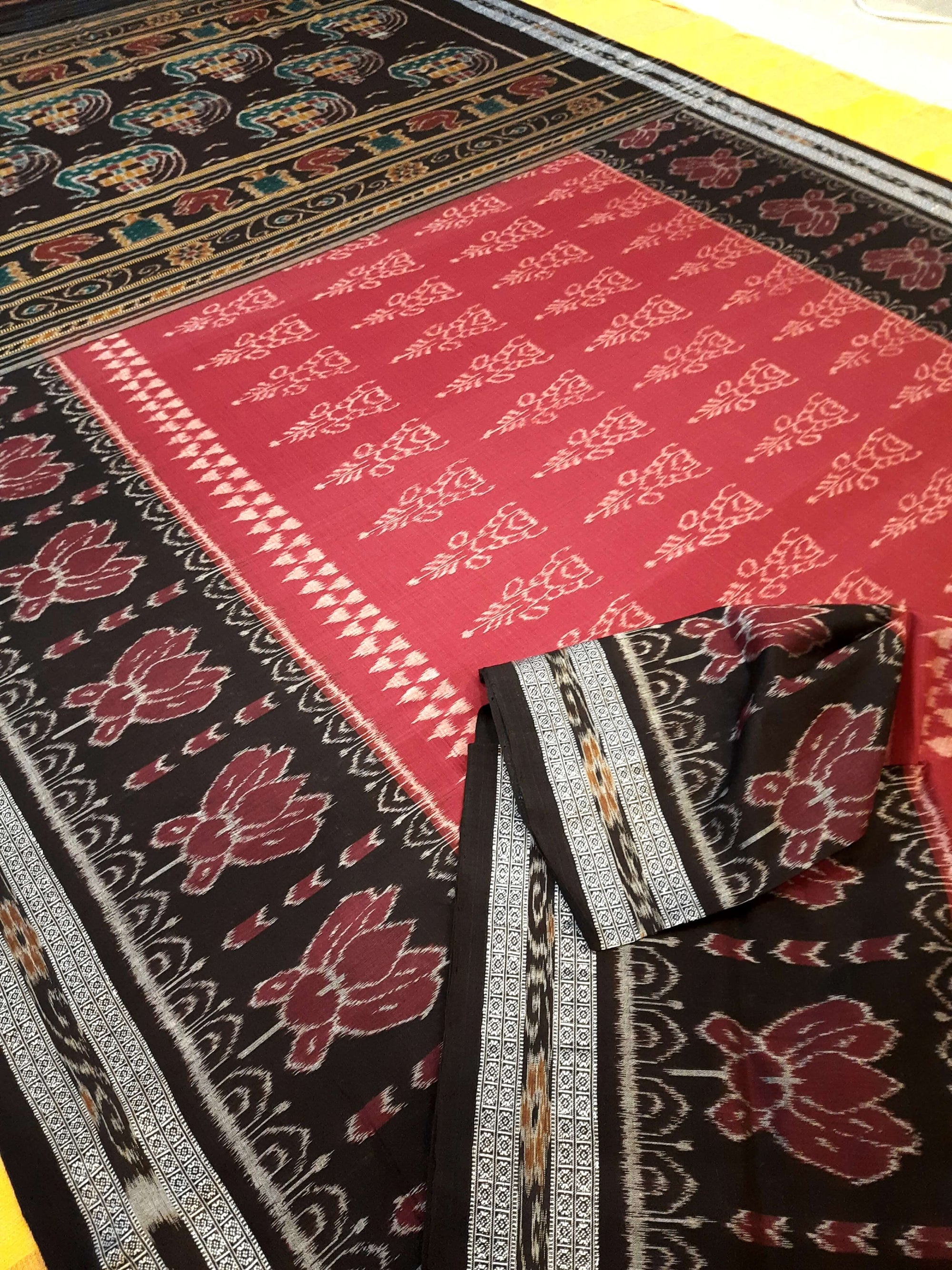 Marron with Black  Cotton Odisha Ikat saree  with mix match cotton ikat blouse