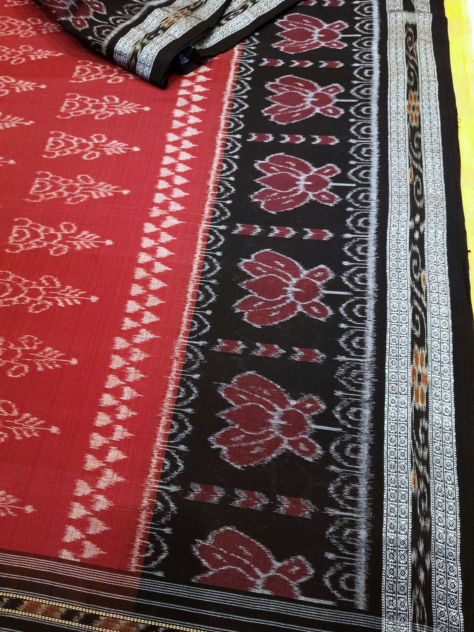 Marron with Black  Cotton Odisha Ikat saree  with mix match cotton ikat blouse