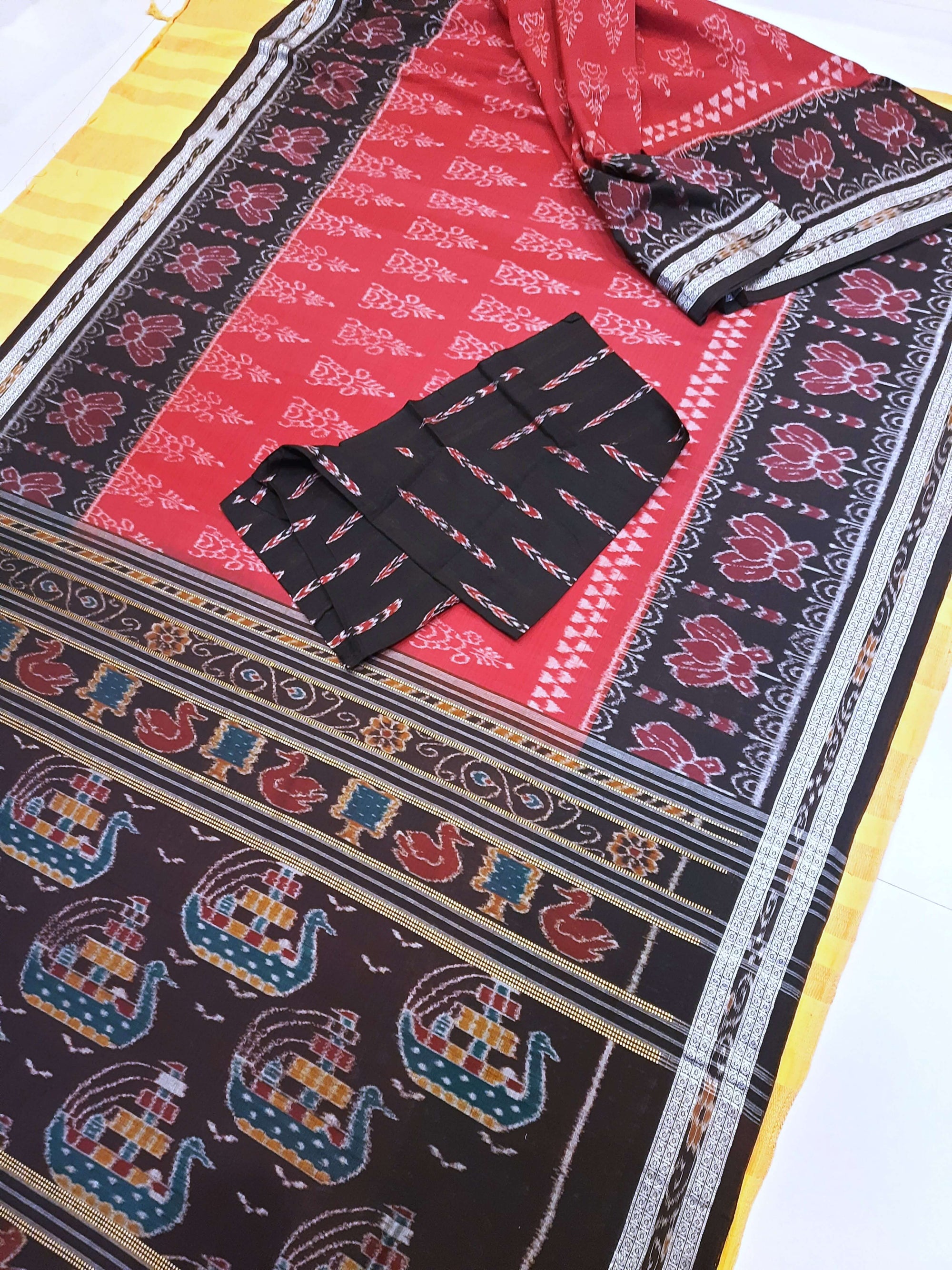 Marron with Black  Cotton Odisha Ikat saree  with mix match cotton ikat blouse