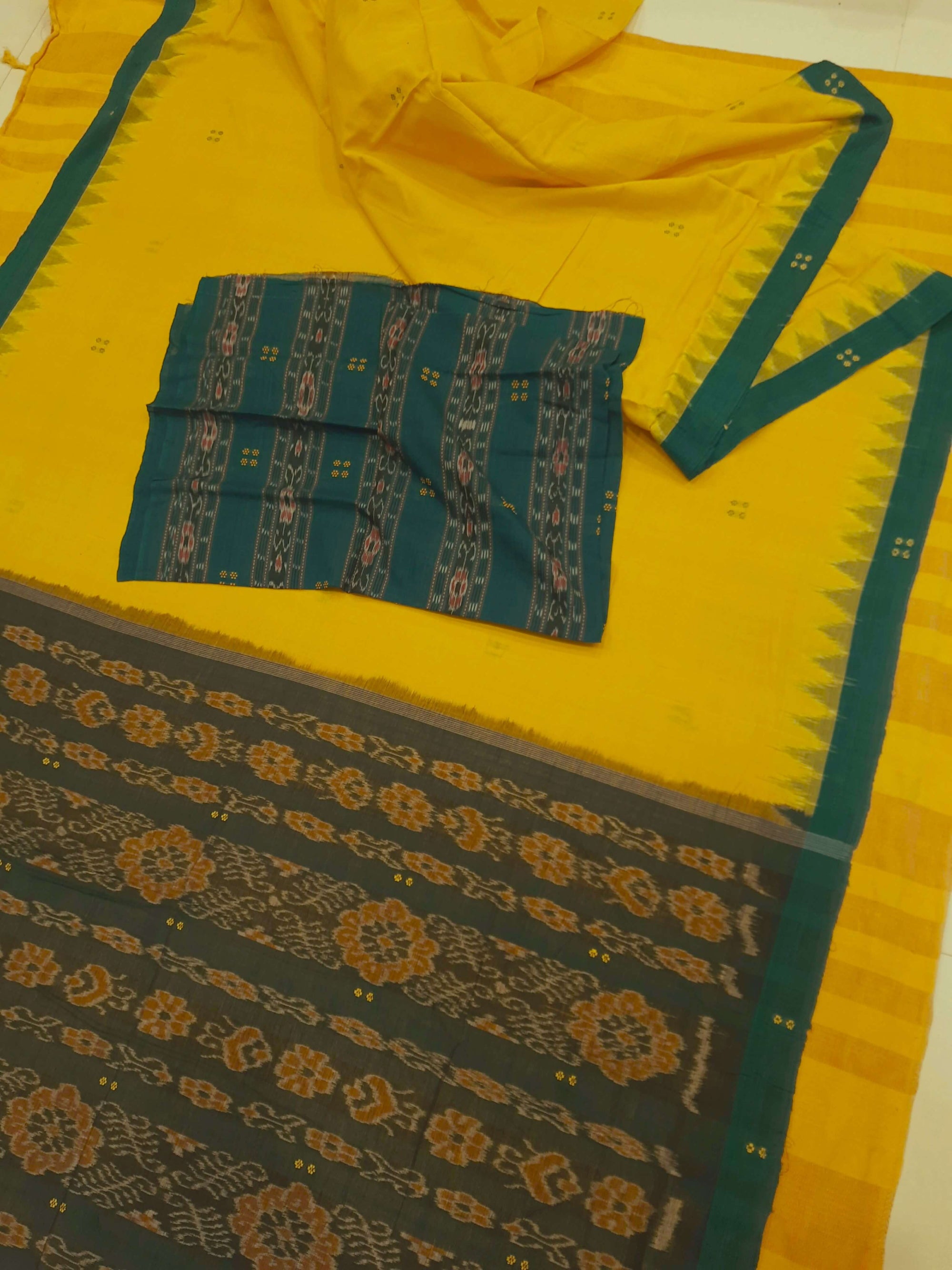 Yellow plain body Odisha Ikat saree  with cotton ikat blouse piece