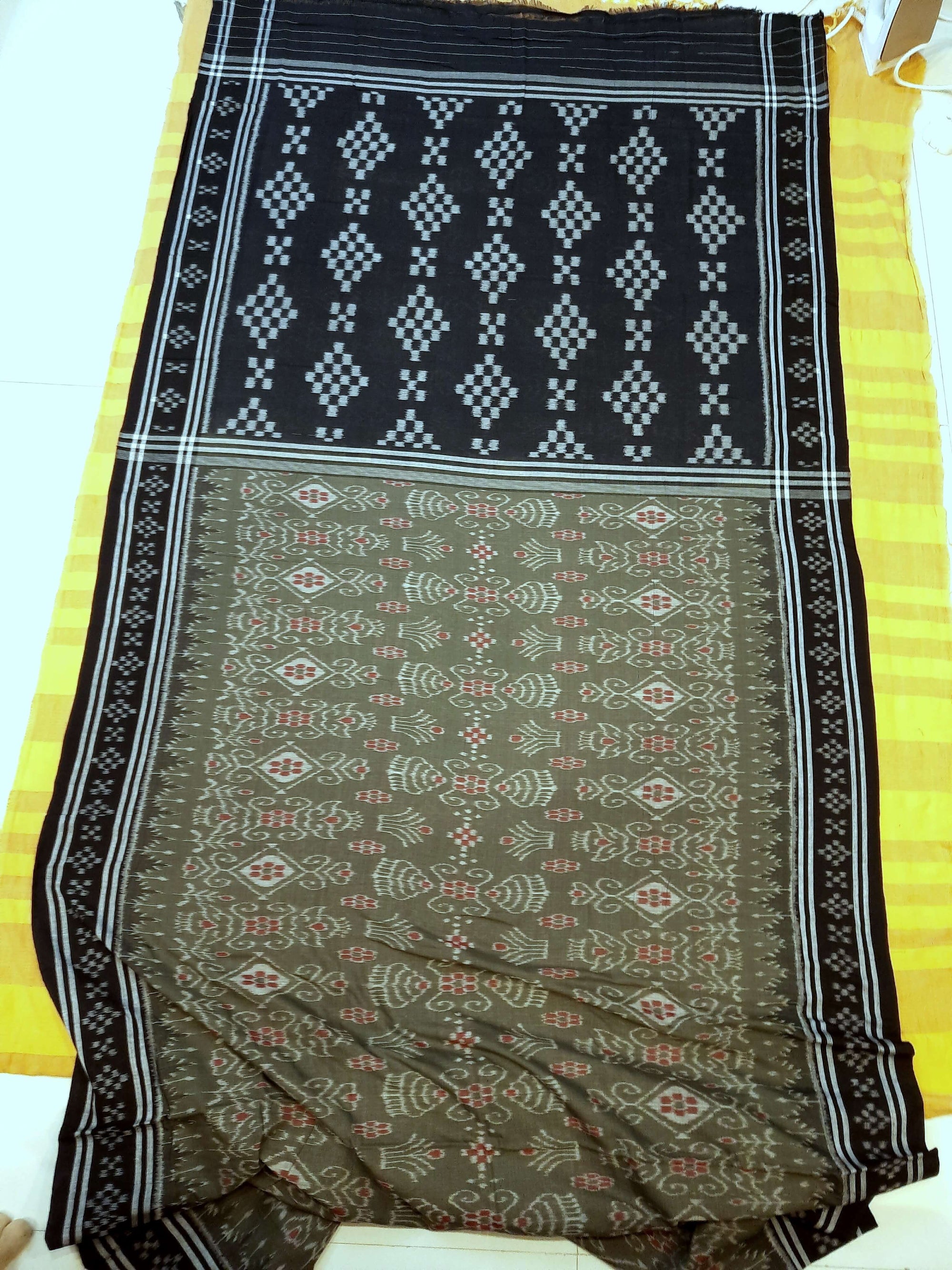 Green with Black  Cotton Odisha Ikat saree  with mix match cotton ikat blouse