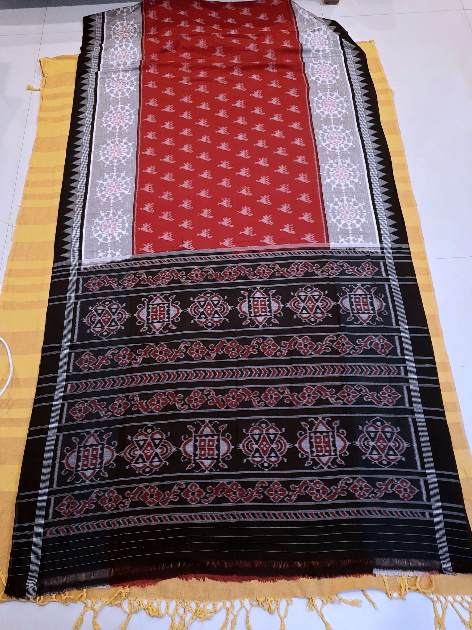 Red wide border Cotton Odisha Ikat saree  with mix match cotton ikat blouse