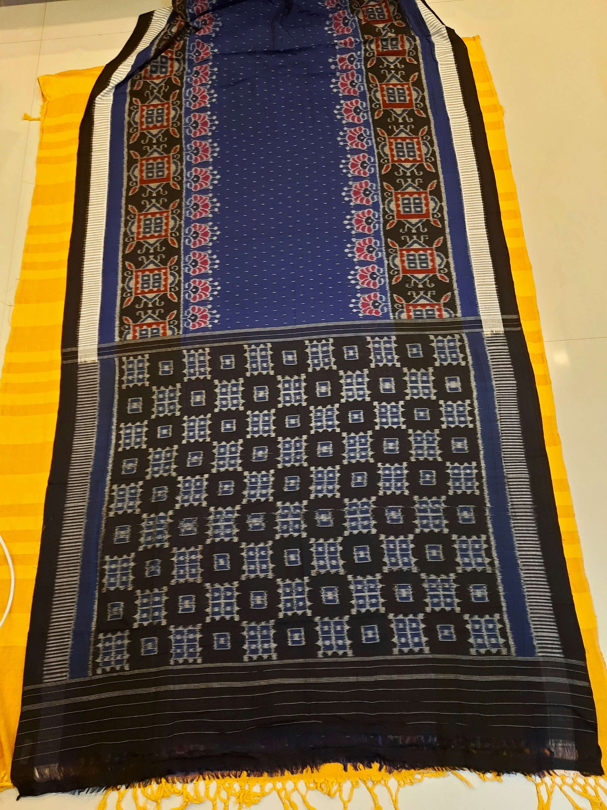 Blue with Black Cotton Odisha Ikat saree  with mix match cotton ikat blouse