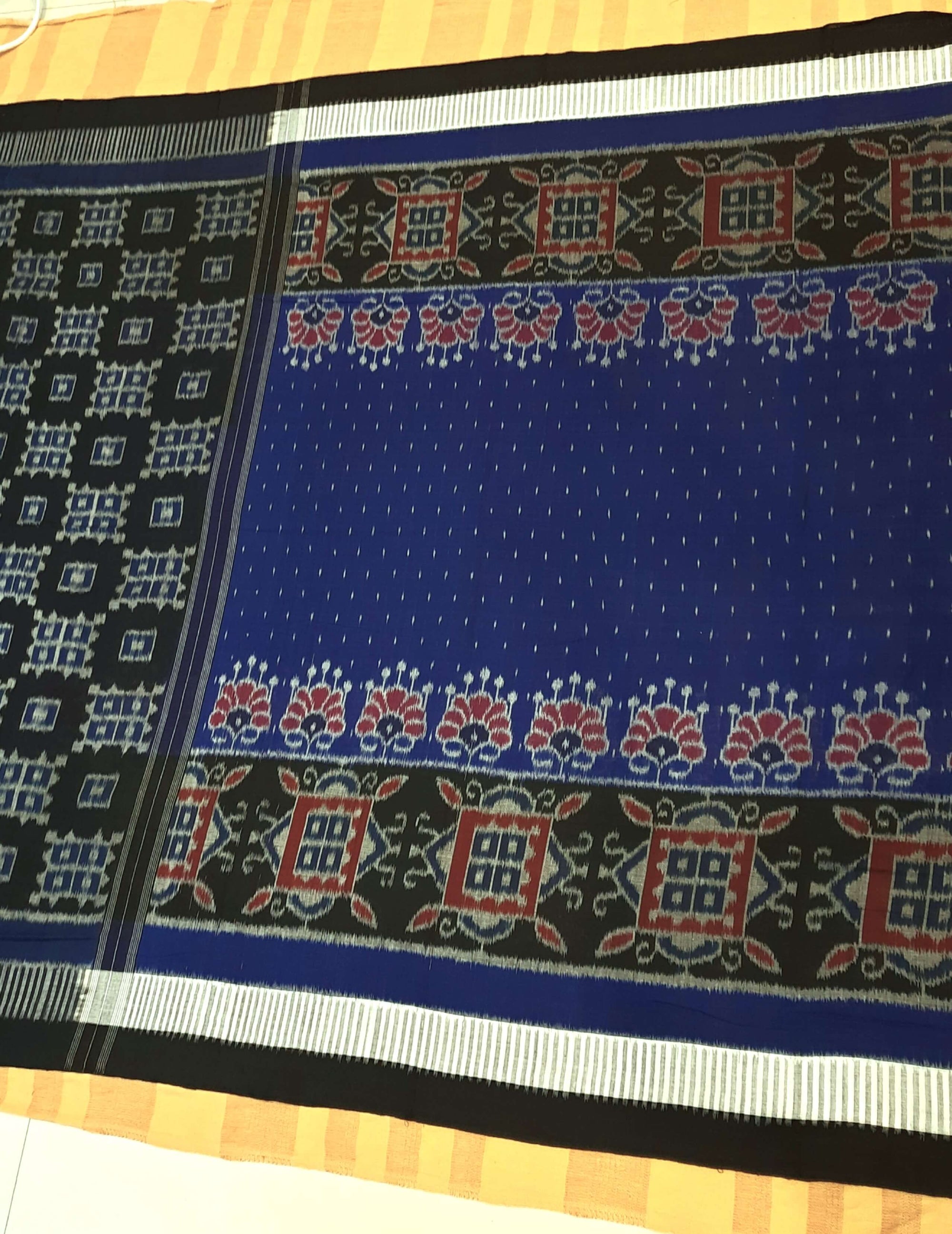 Blue with Black Cotton Odisha Ikat saree  with mix match cotton ikat blouse