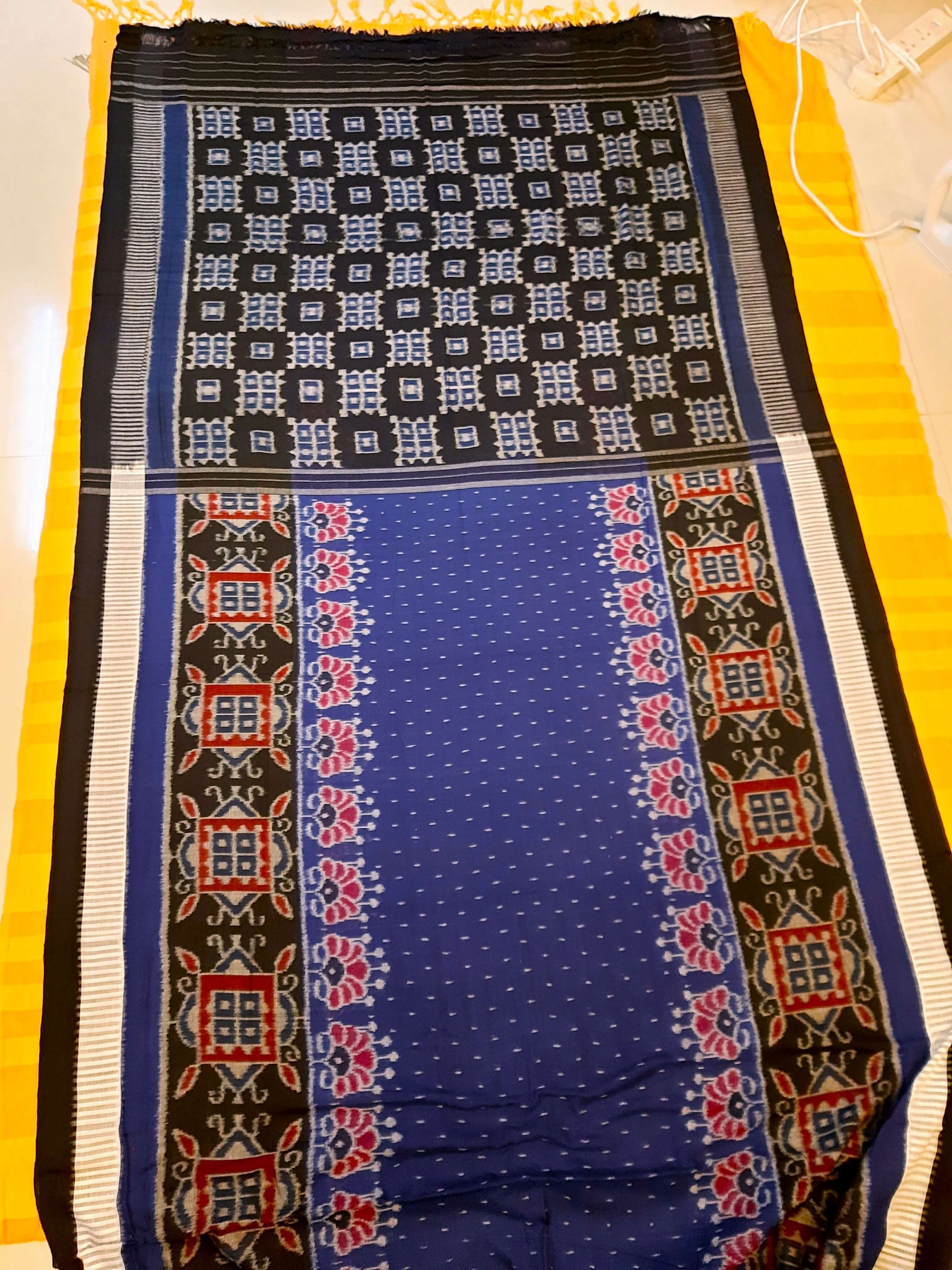 Blue with Black Cotton Odisha Ikat saree  with mix match cotton ikat blouse