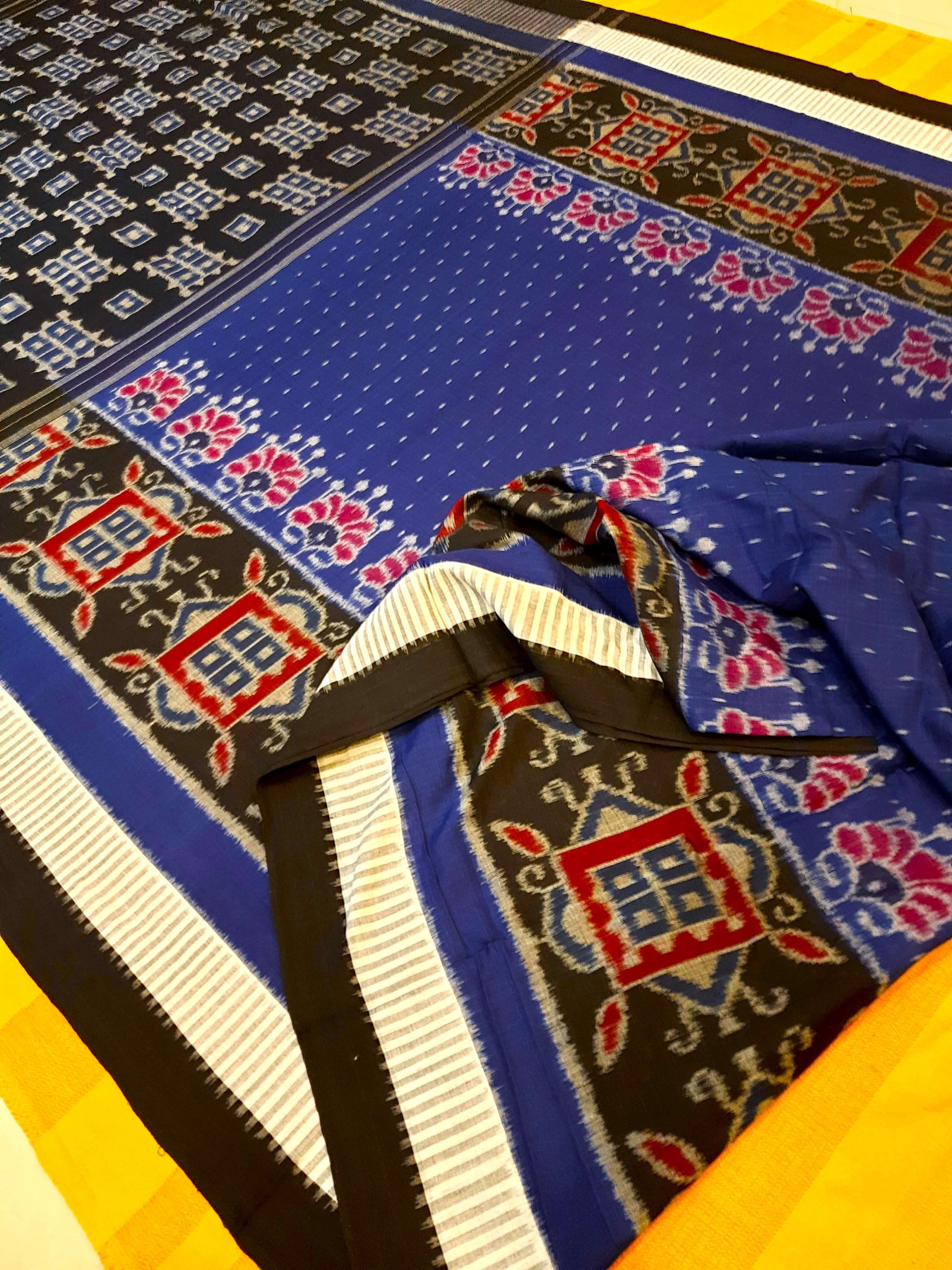 Blue with Black Cotton Odisha Ikat saree  with mix match cotton ikat blouse