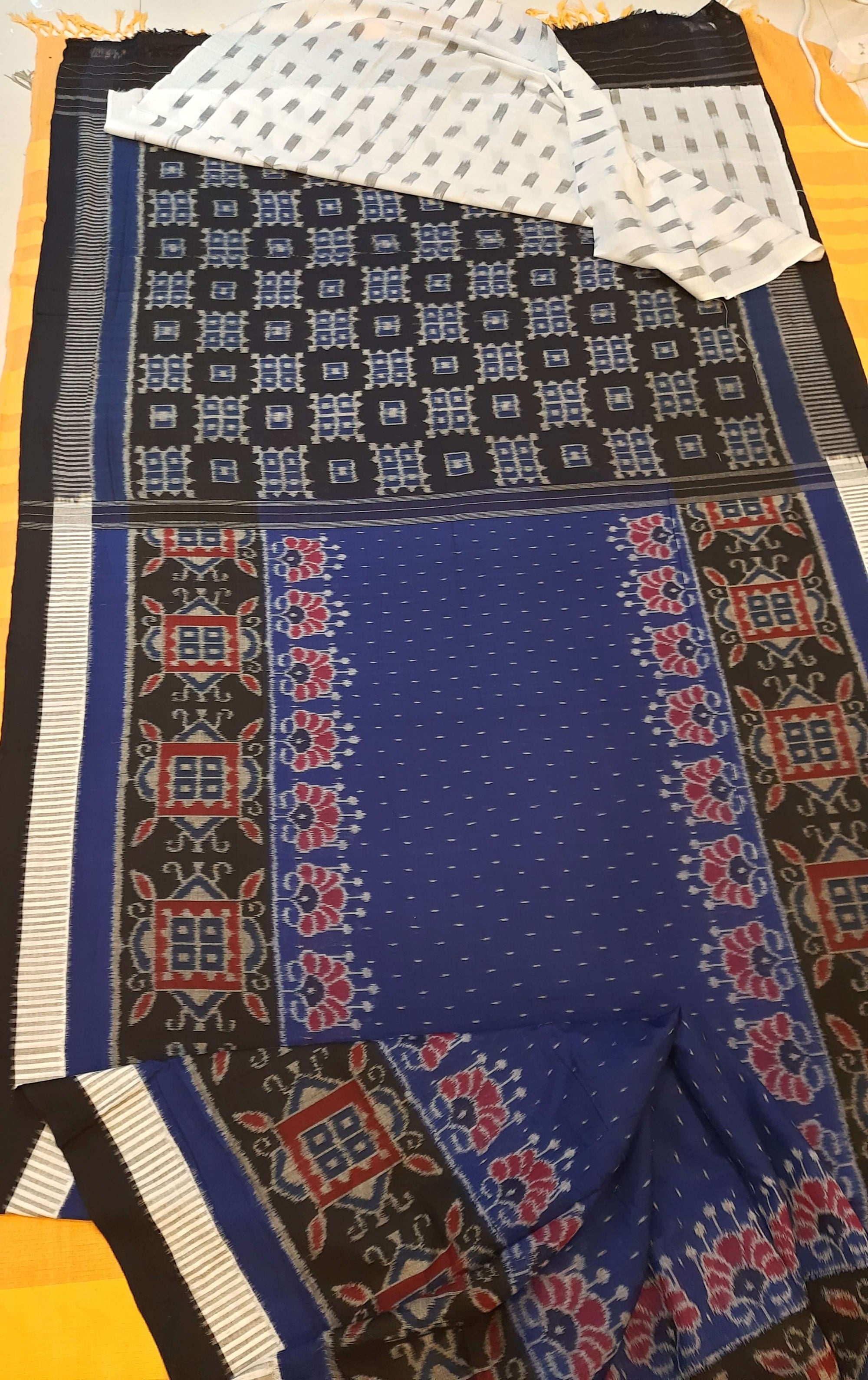 Blue with Black Cotton Odisha Ikat saree  with mix match cotton ikat blouse