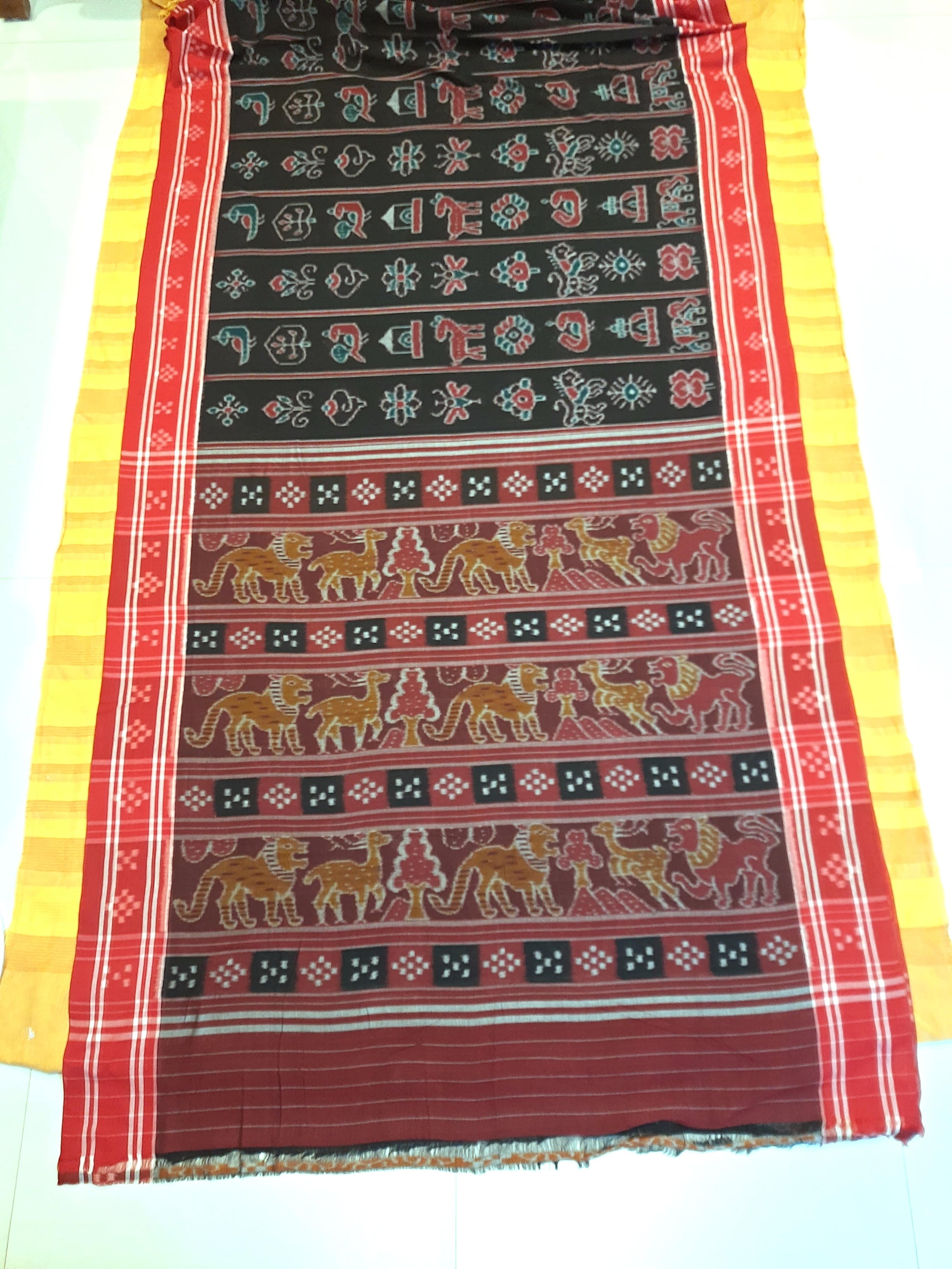 Black with Red colour cotton ikat Saree with mix match red cotton Ikat blouse