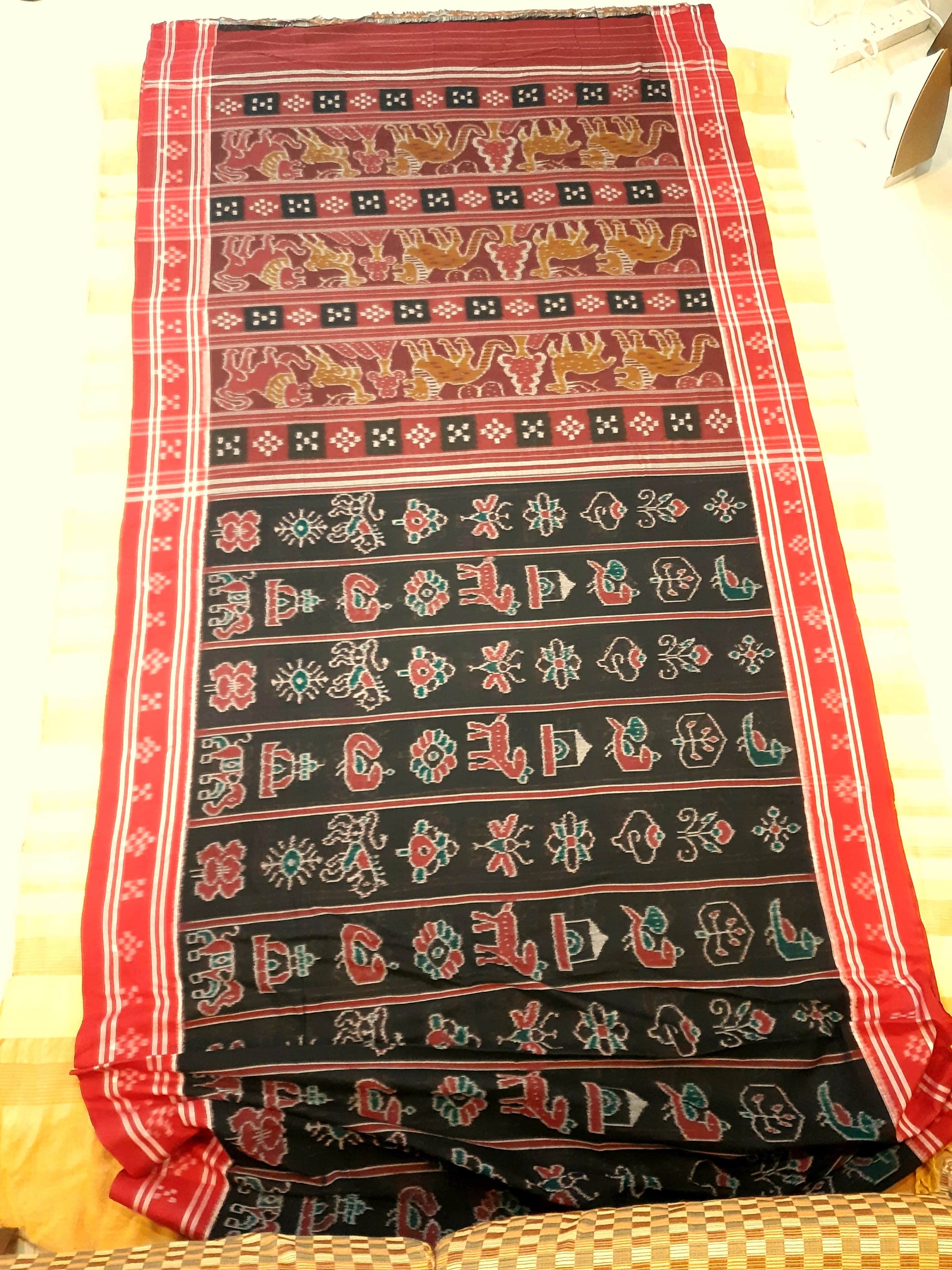 Black with Red colour cotton ikat Saree with mix match red cotton Ikat blouse