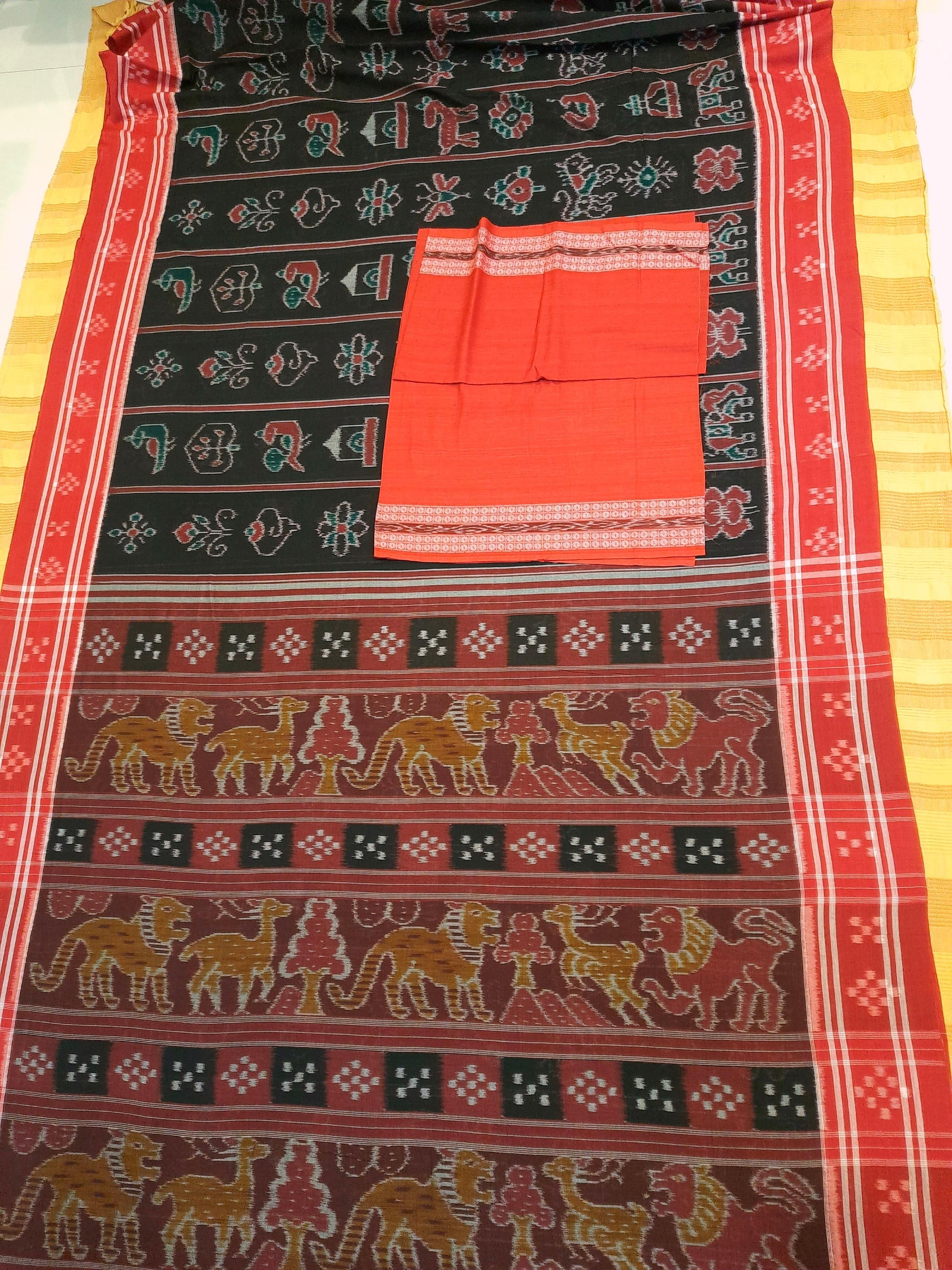 Black with Red colour cotton ikat Saree with mix match red cotton Ikat blouse