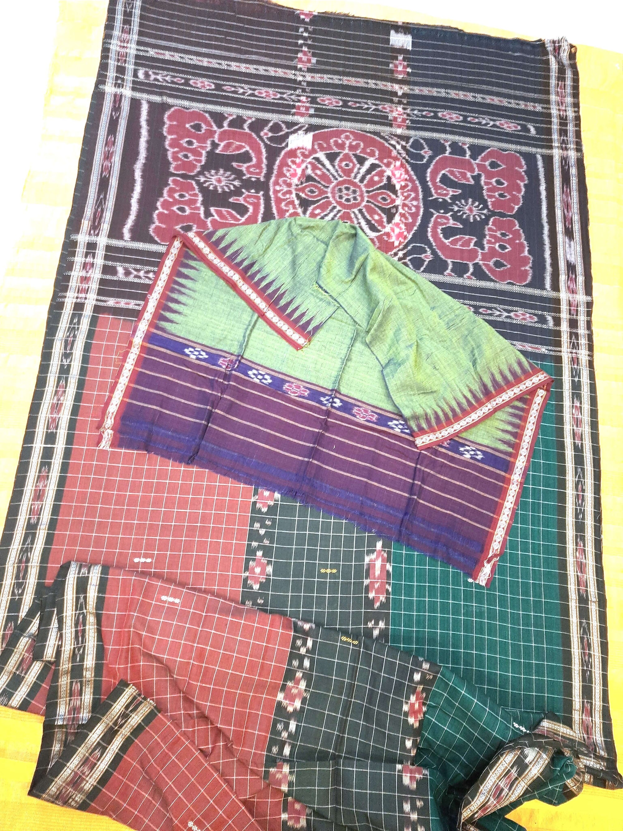 Multi coloured Odisha Cotton Saree with cotton Sambalpuri  ikat blouse piece