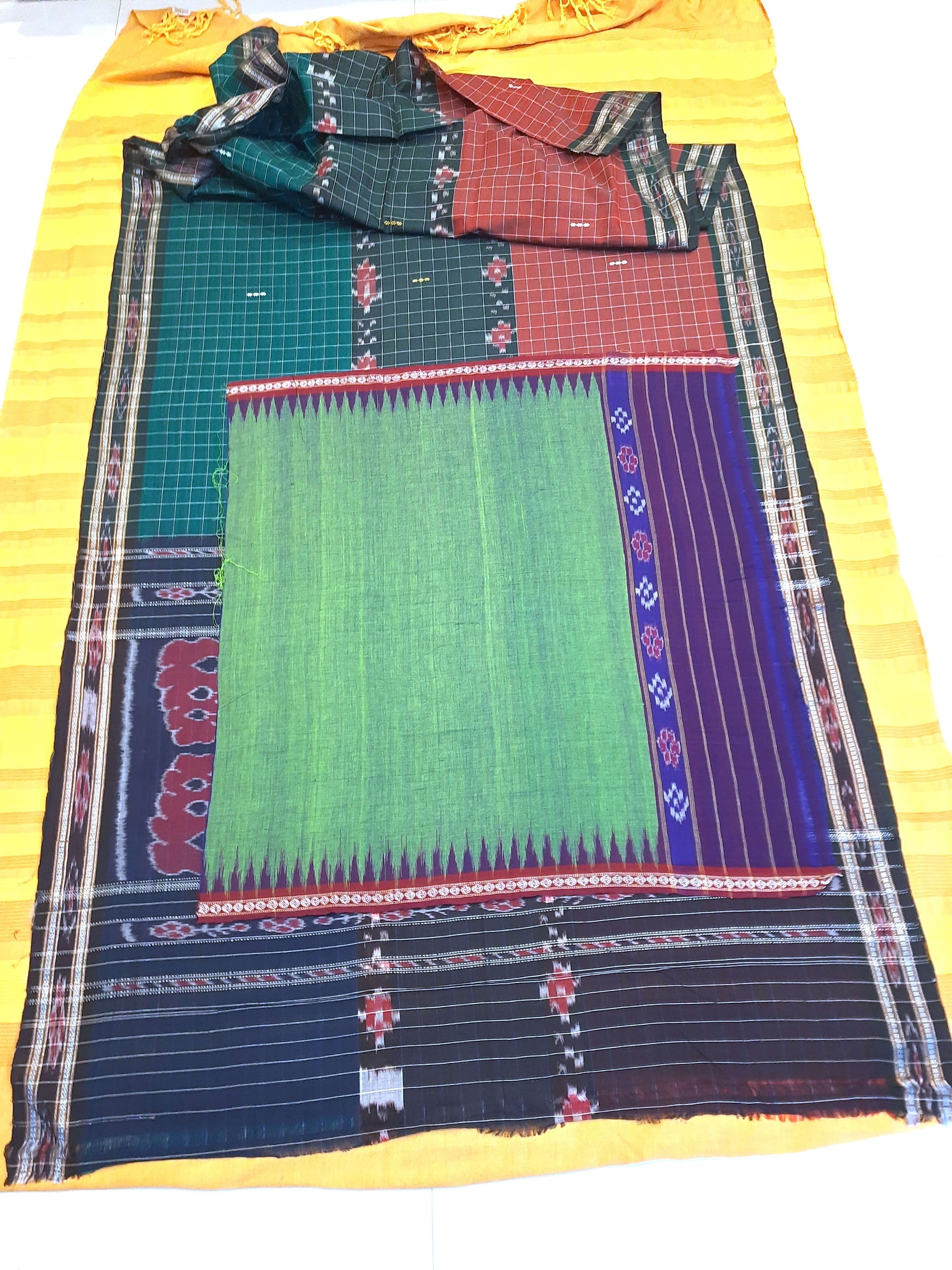 Multi coloured Odisha Cotton Saree with cotton Sambalpuri  ikat blouse piece