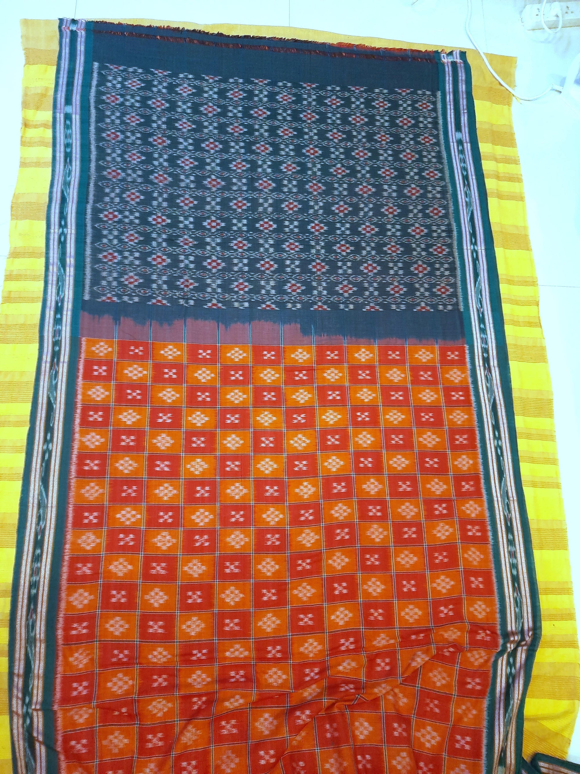 Orange with Red Cotton Odisha Ikat saree  with mix match cotton ikat blouse