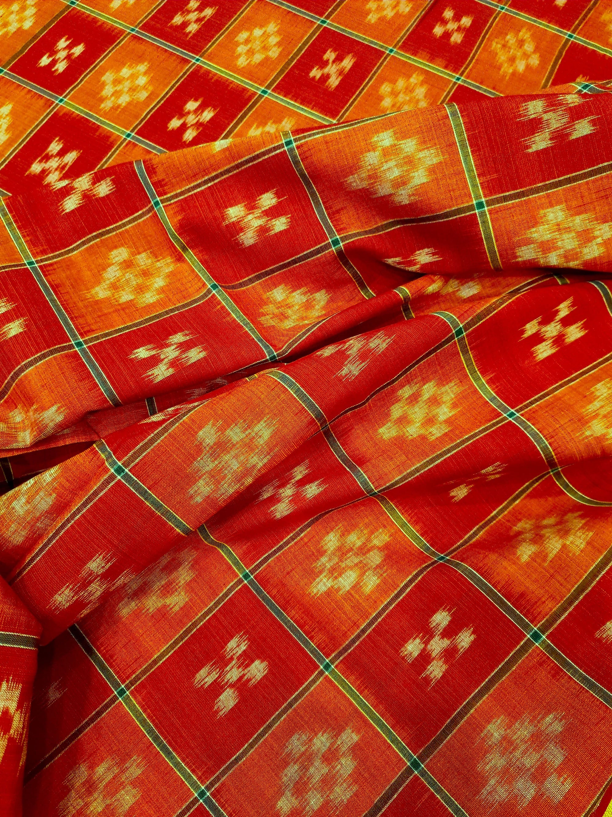 Orange with Red Cotton Odisha Ikat saree  with mix match cotton ikat blouse