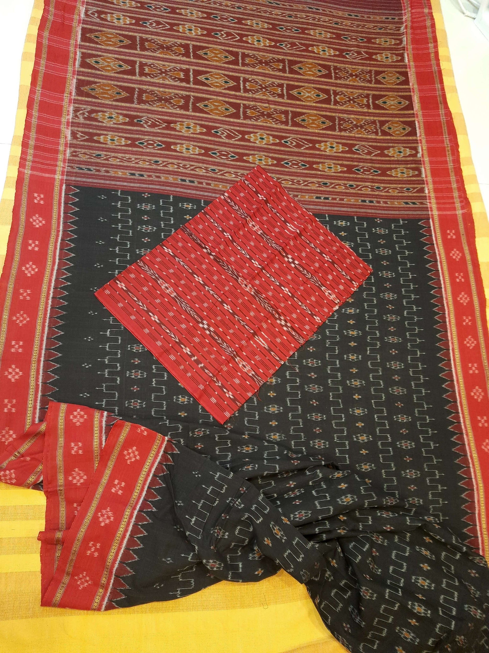 Black Cotton Odisha Ikat saree with cotton Sambalpuri Ikat blouse piece