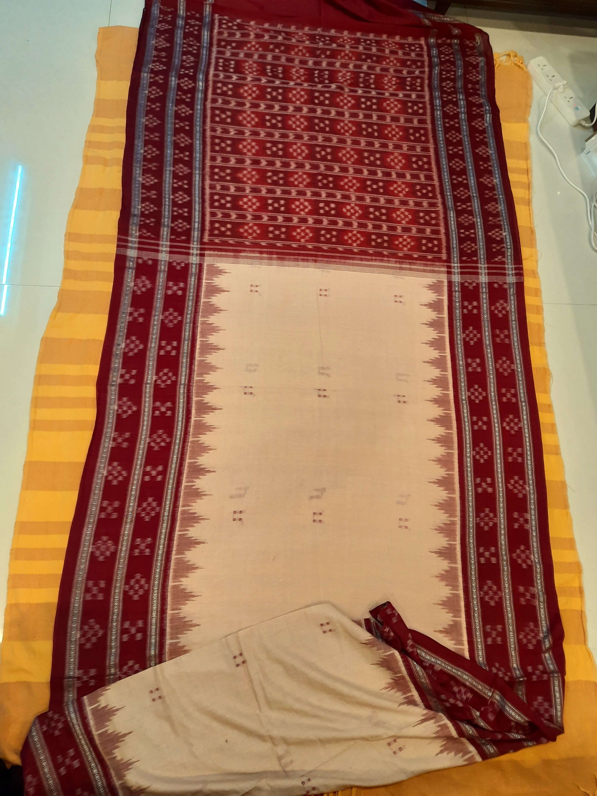 Beige Maroon Cotton Odisha Ikat saree  with running blouse piece