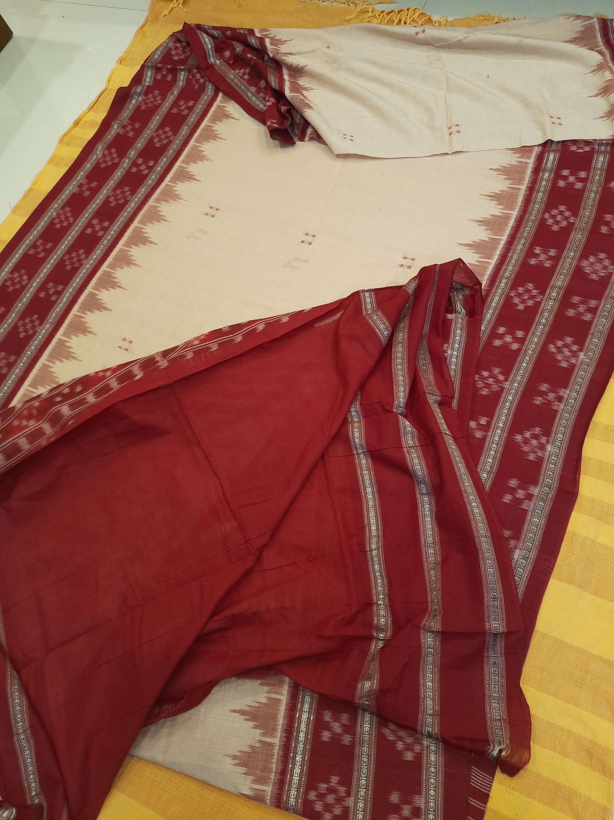Beige Maroon Cotton Odisha Ikat saree  with running blouse piece