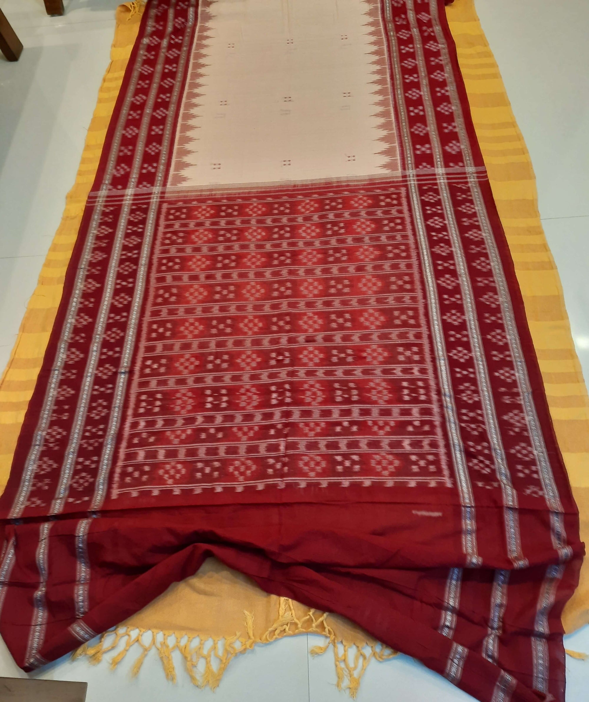 Beige Maroon Cotton Odisha Ikat saree  with running blouse piece