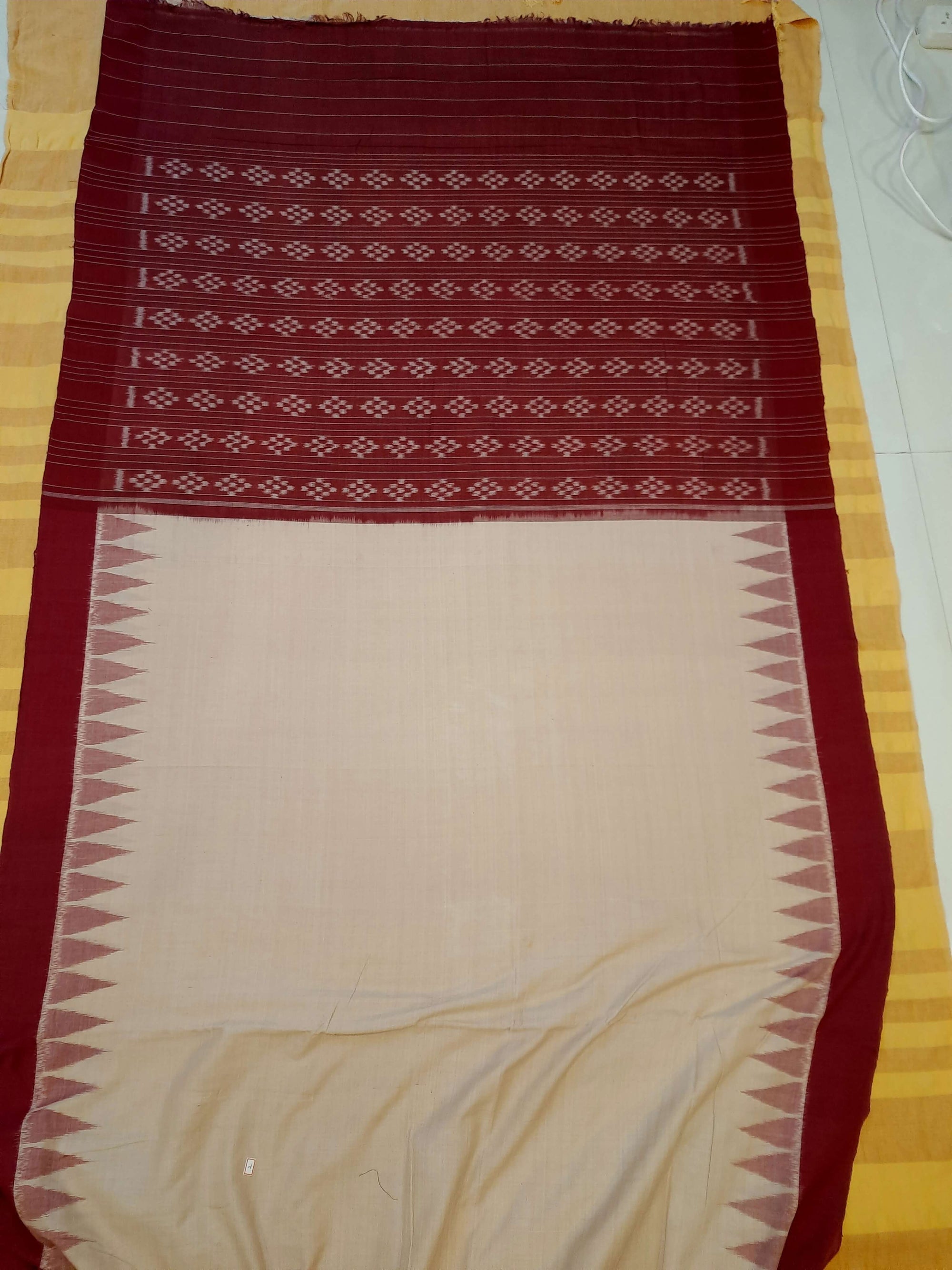 Beige with Maroon Cotton Odisha Ikat saree with mix match cotton ikat blouse piece