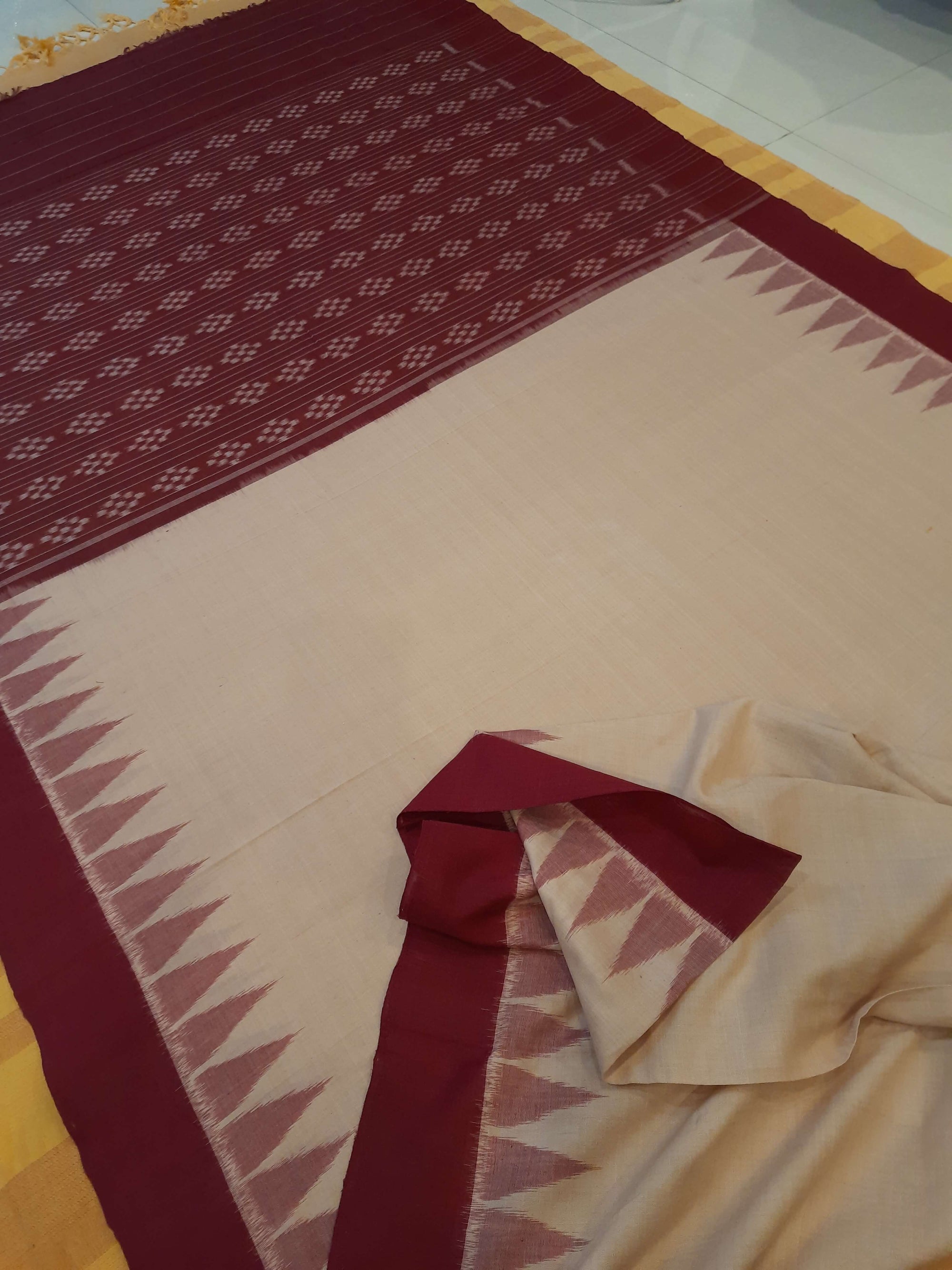 Beige with Maroon Cotton Odisha Ikat saree with mix match cotton ikat blouse piece