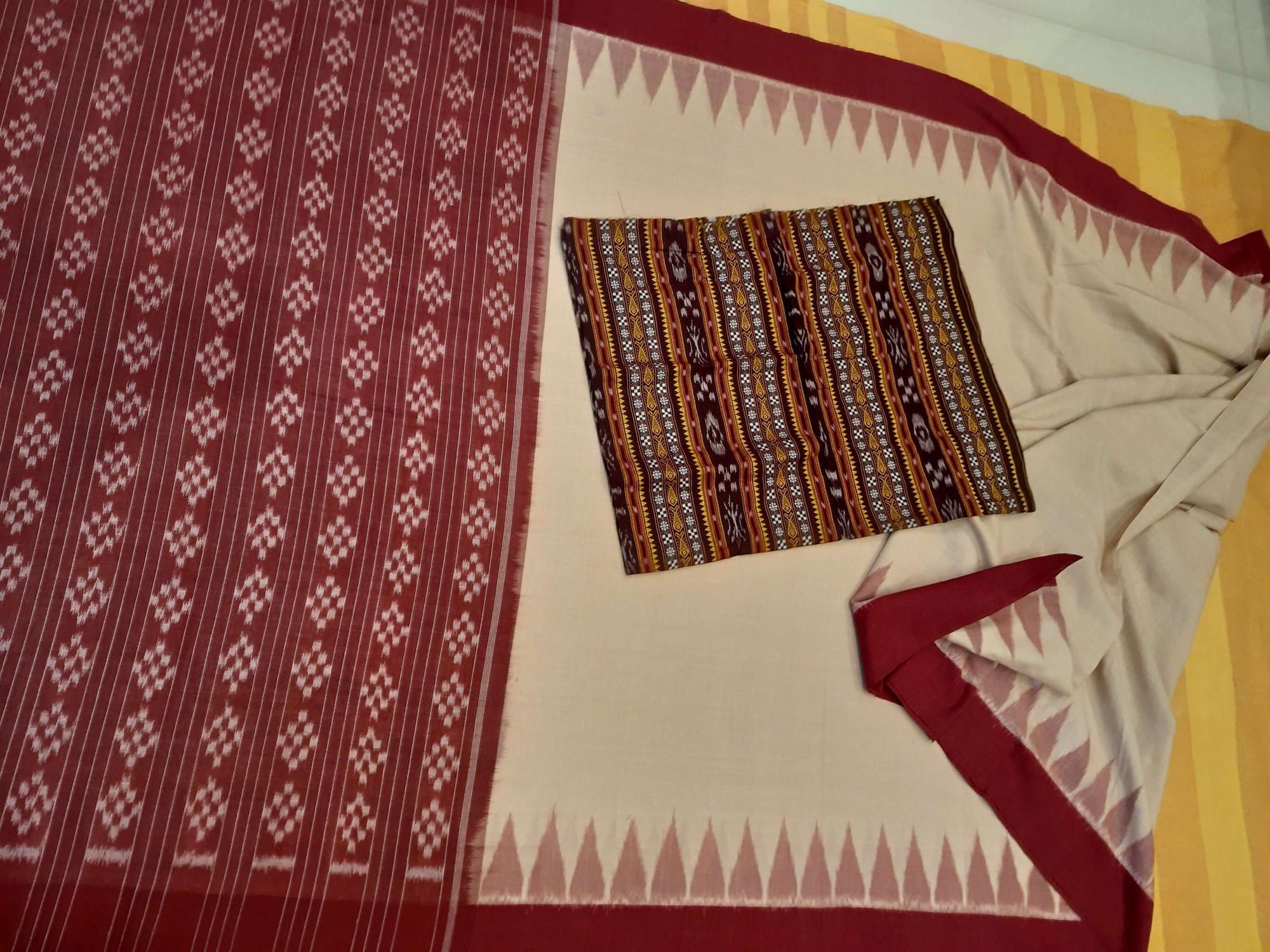 Beige with Maroon Cotton Odisha Ikat saree with mix match cotton ikat blouse piece