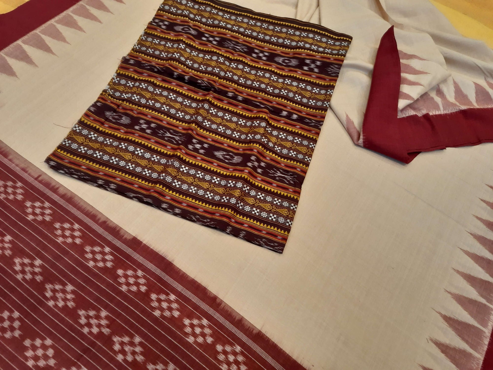Beige with Maroon Cotton Odisha Ikat saree with mix match cotton ikat blouse piece