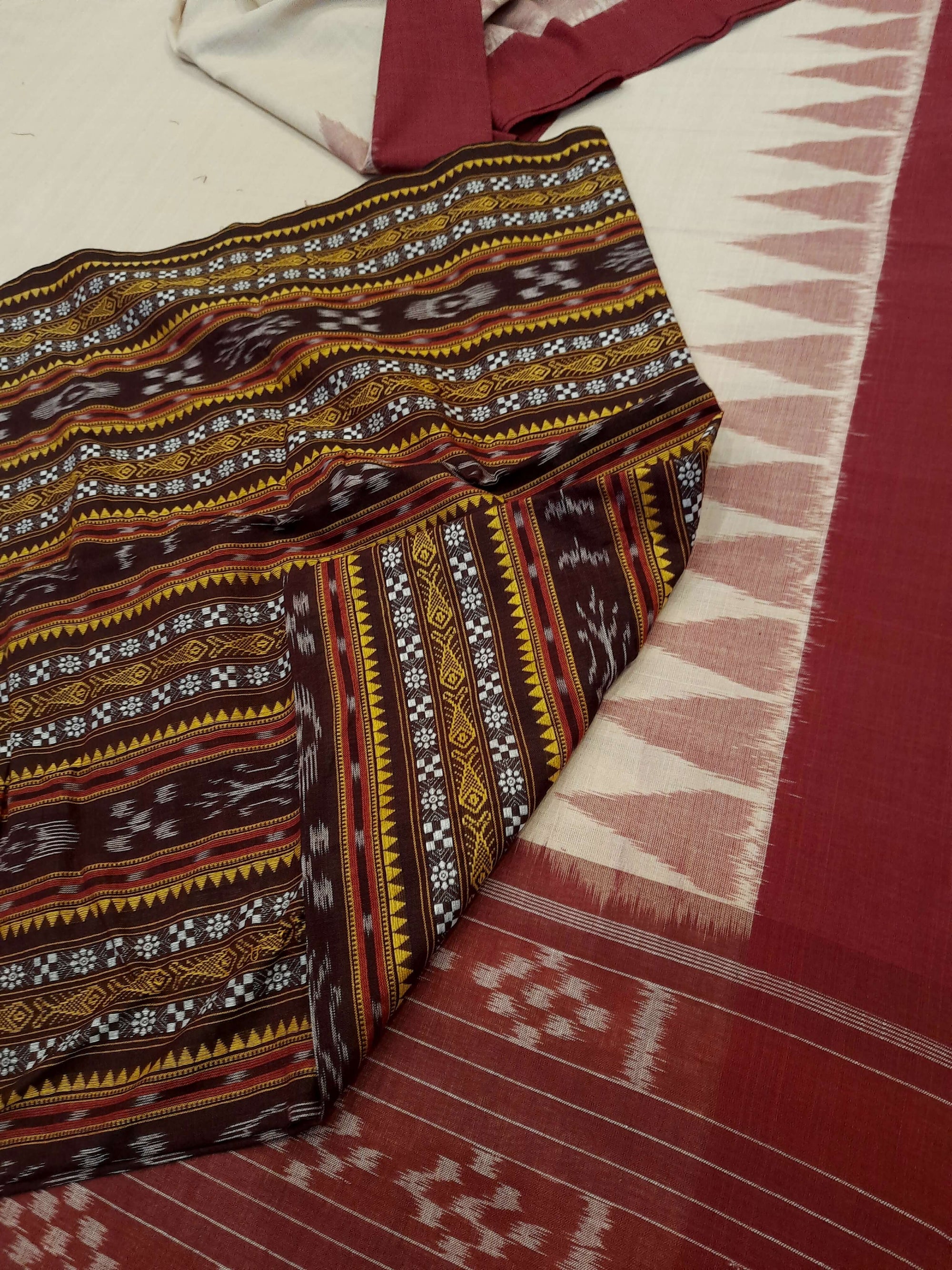 Beige with Maroon Cotton Odisha Ikat saree with mix match cotton ikat blouse piece