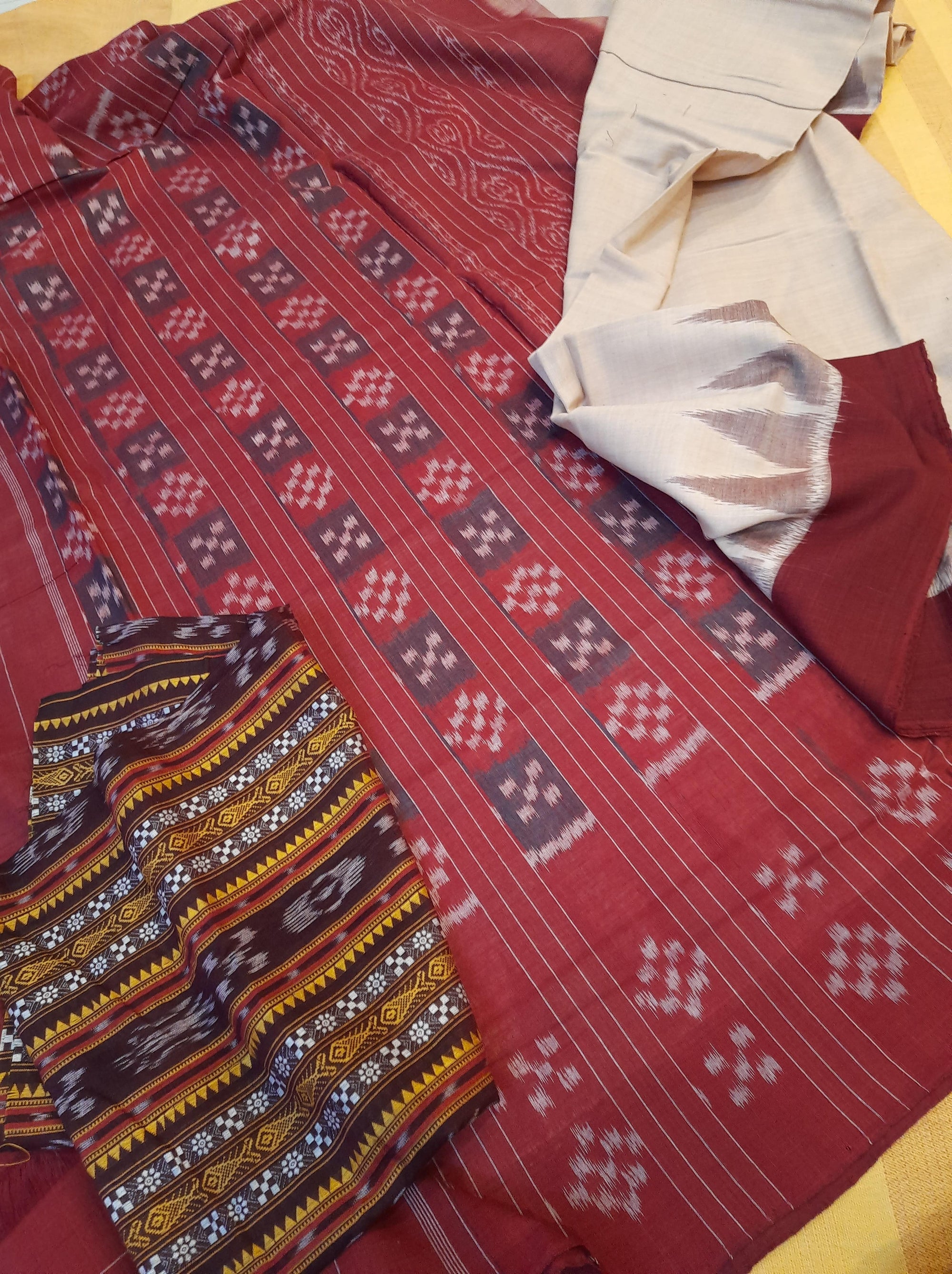 Beige with Maroon Cotton Odisha Ikat saree with mix match cotton ikat blouse piece